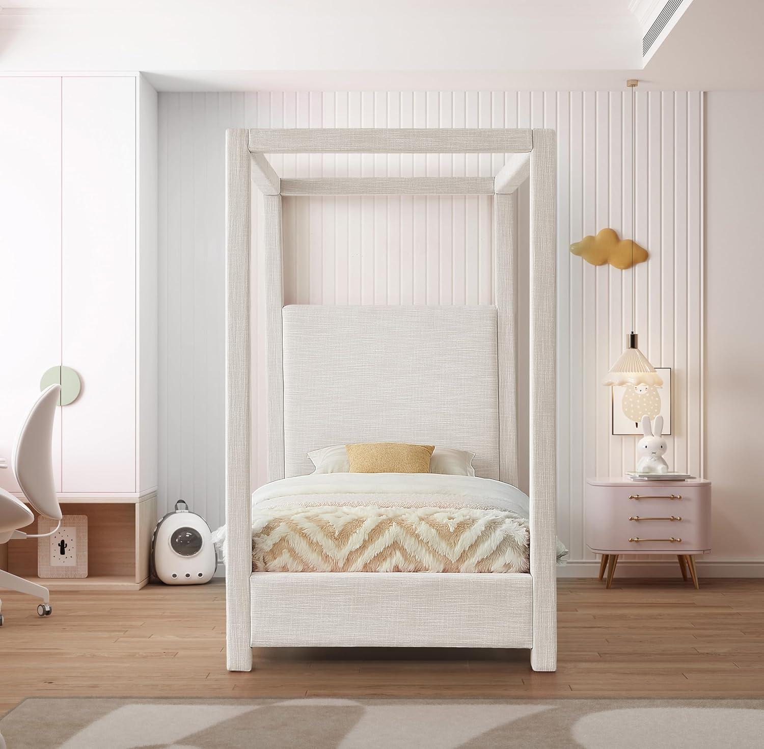 Meridian Furniture Emerson Cream Linen Textured Fabric Queen Bed