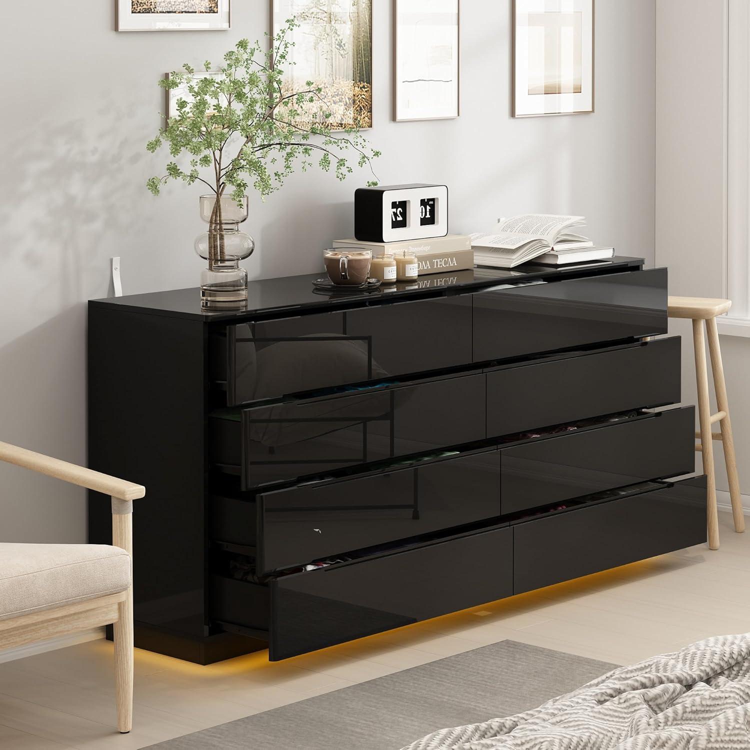 Black 8-Drawer 63 in. W Wood Double Dresser Chest of Drawers Bedroom Storage Organizer in With High Gloss and LED Lights