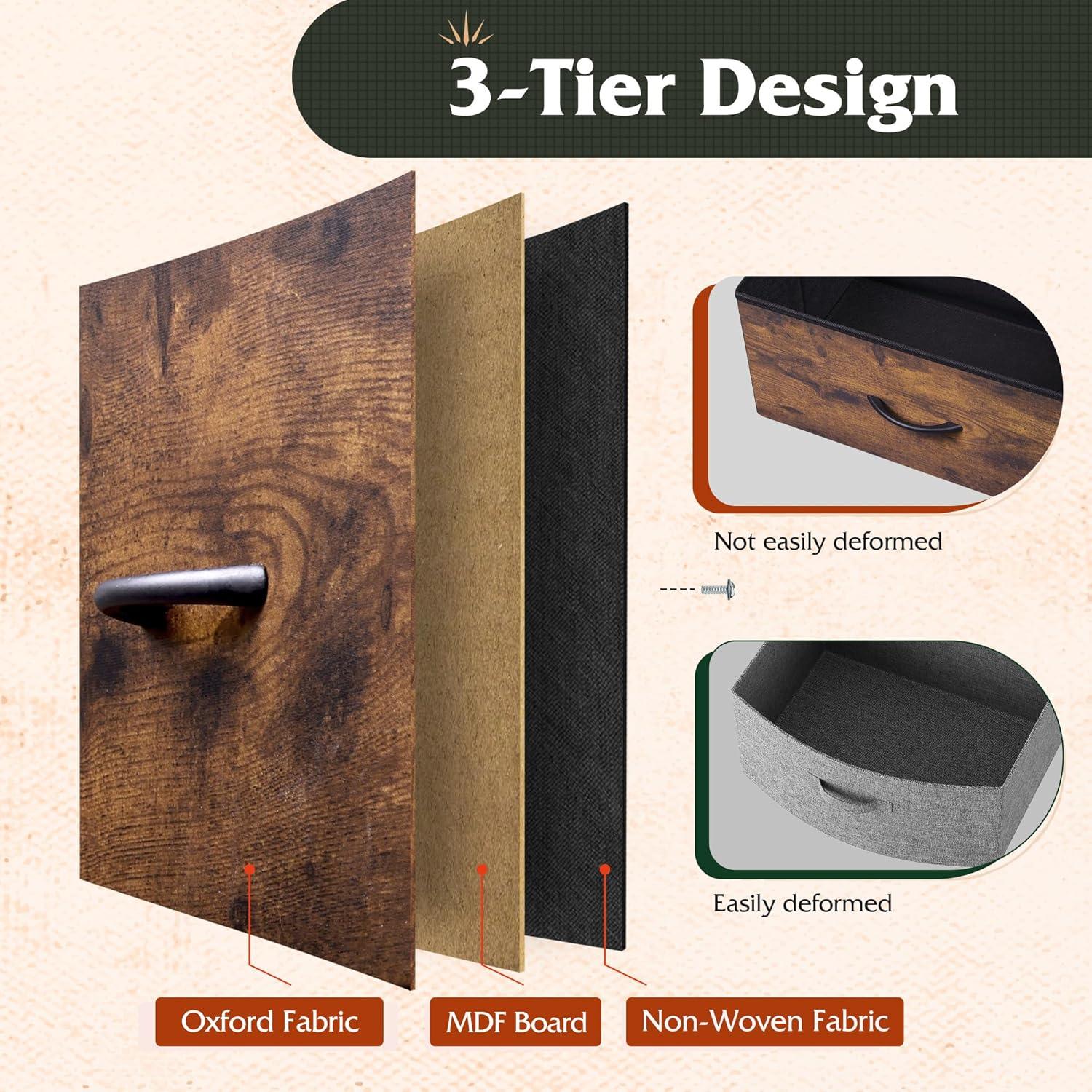 WLIVE Night Stand Set of 2 with Charging Station, LED Nightstand Sets with 2 Fabric Drawers and Storage Shelf, Small Bedside Tables for Small Spaces, Dresser for Bedroom, Rustic Brown