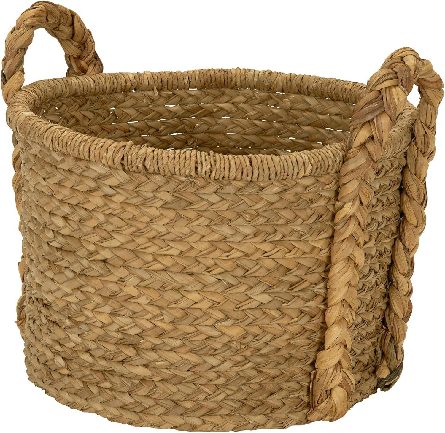 Handwoven Water Hyacinth Round Wicker Storage Basket with Braided Handles