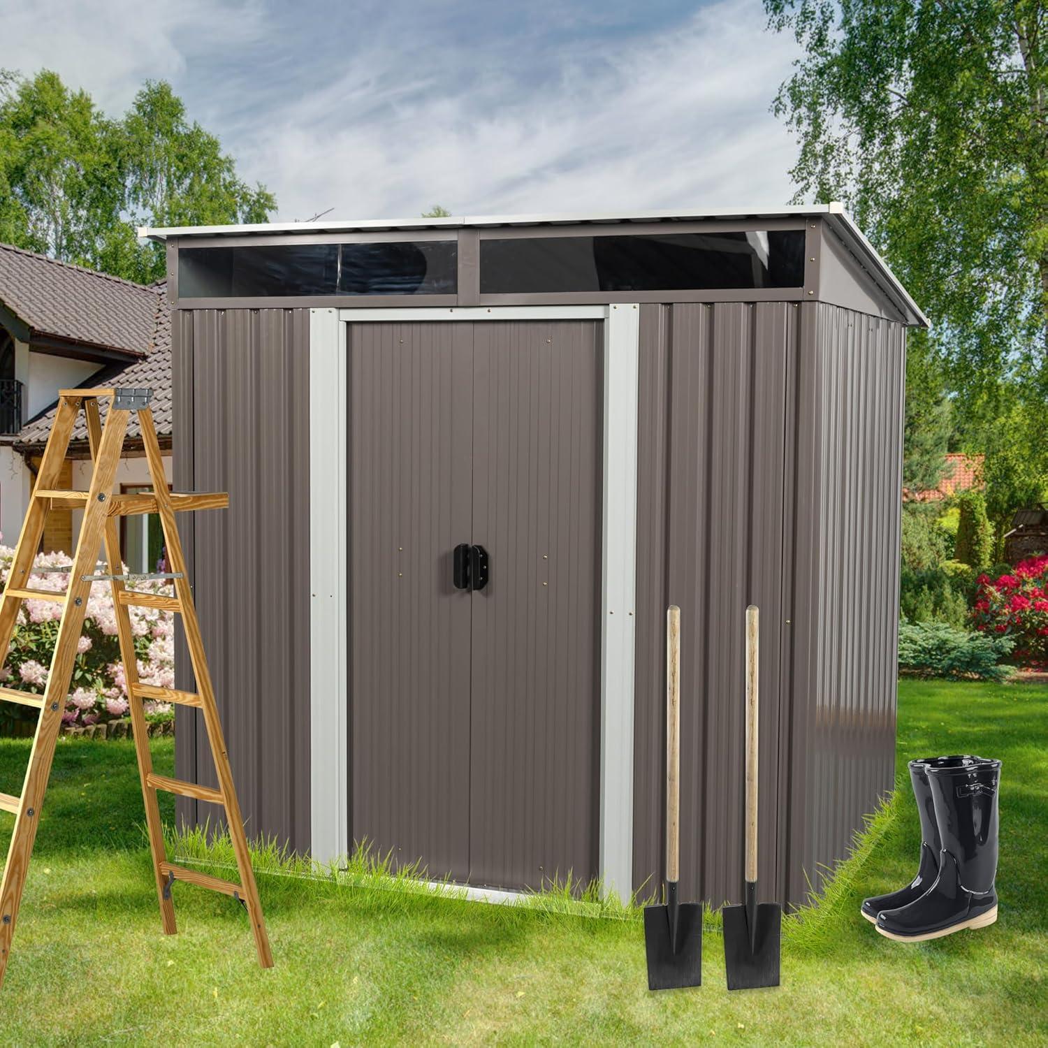 Storage Shed Outdoor 6ft x 5ft Small Metal Tool Sheds for Patio, Lawn, White Garden Shed with Window Grey