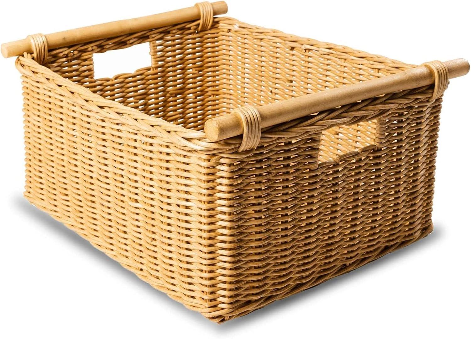 Drevy Deep Pole Handle Wicker Storage Basket, Large, 15 in L x 15.5 in W x 9.5 in H, Sandstone