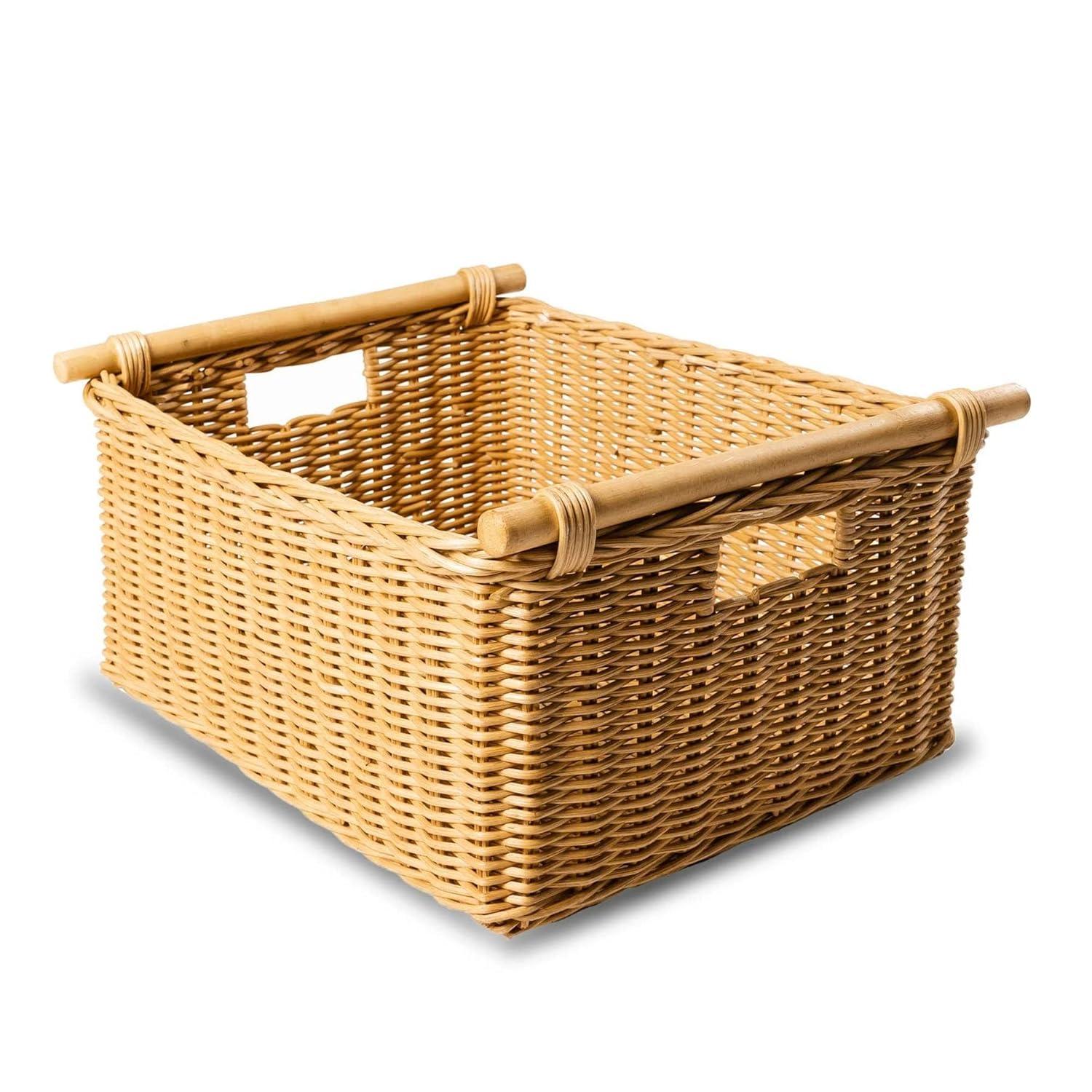 Drevy Deep Pole Handle Wicker Storage Basket, Large, 15 in L x 15.5 in W x 9.5 in H, Sandstone