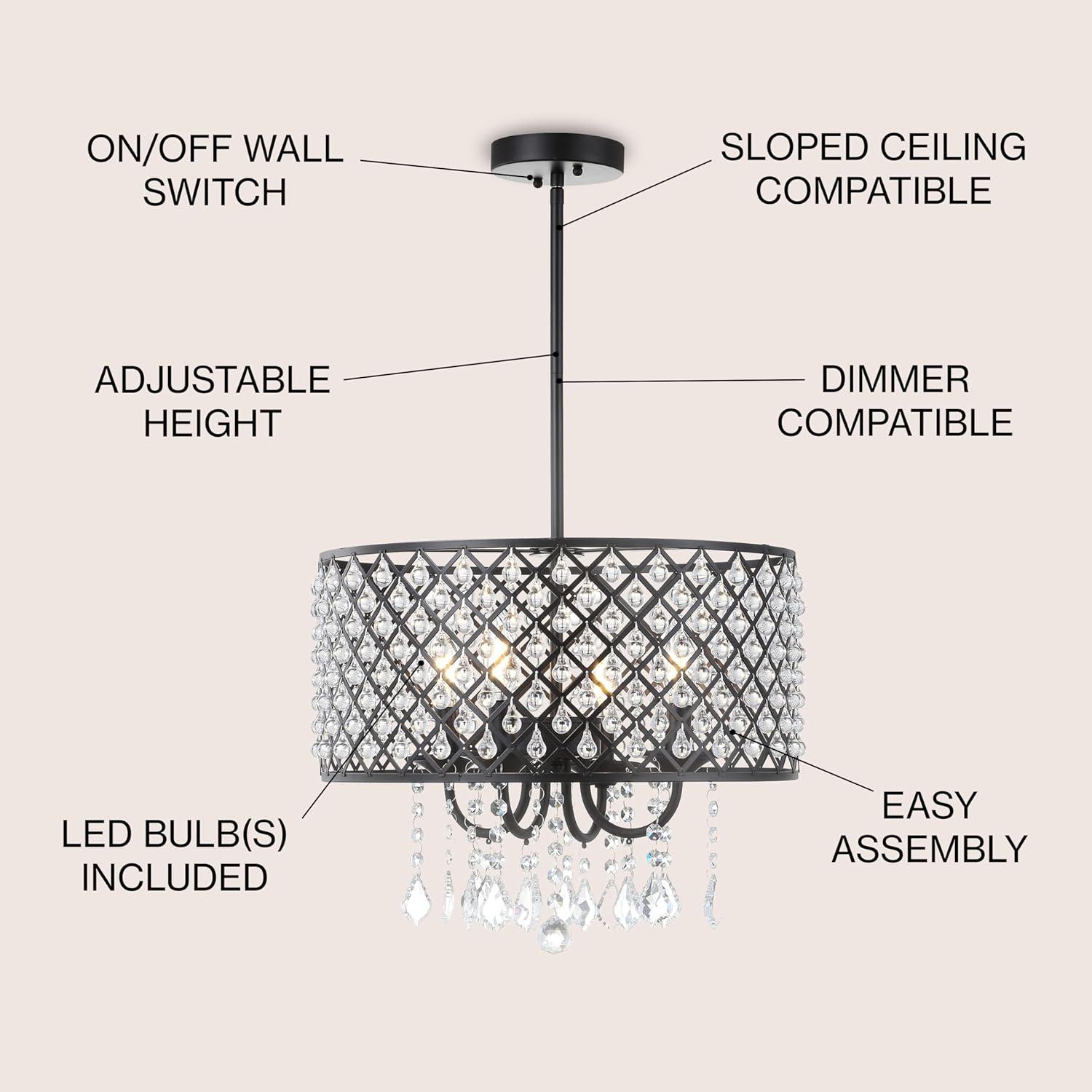 Gigi 17" Metal/Crystal Adjustable LED Drop Chandelier, Black/Clear