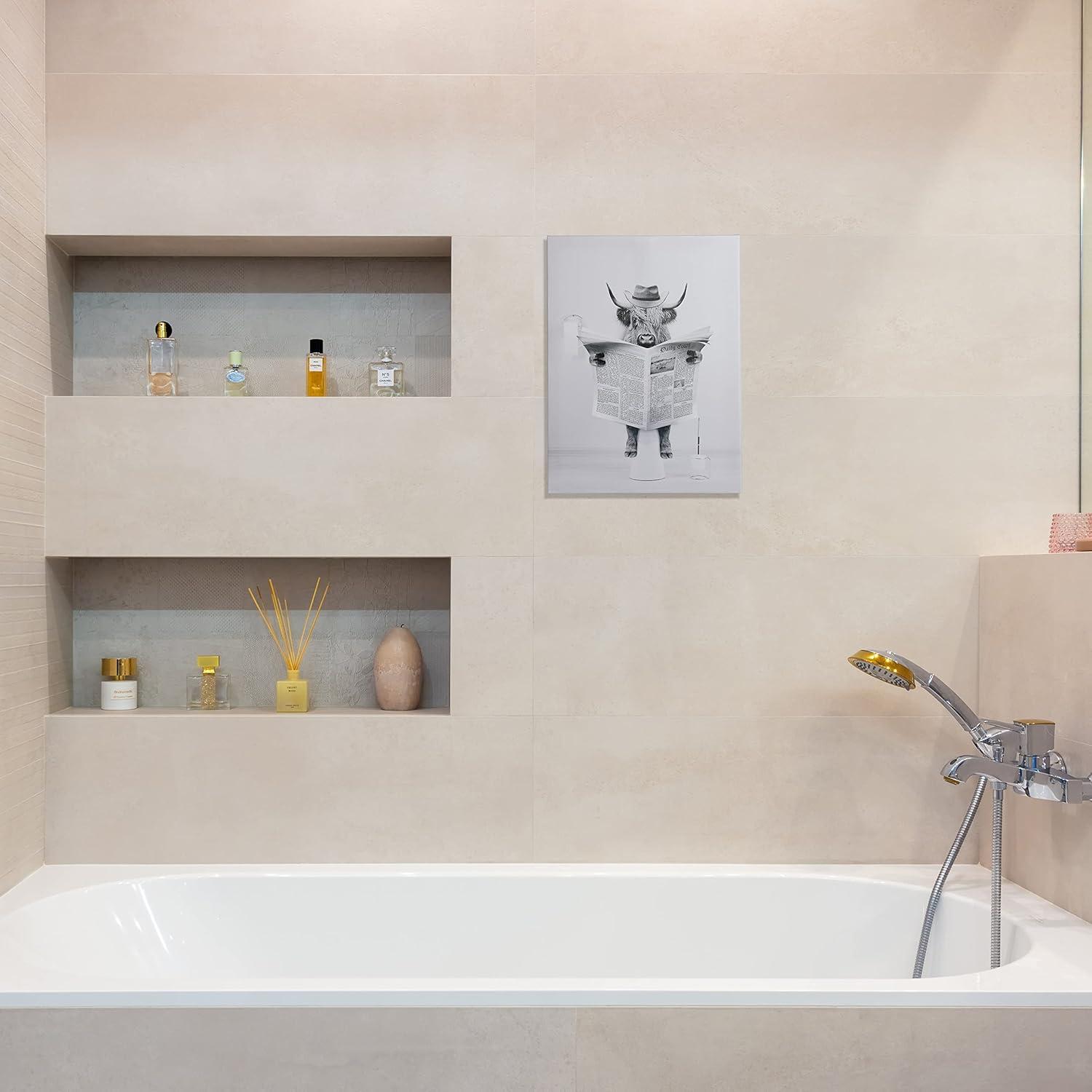 Modern Black Framed Highland Cow Wall Art Minimalist Bathroom Wall Decor Cute Funny Animals Artwork Canvas Prints Ready to Hang for Guest Bathroom, Hotel, Condo, Kids Bathroom, 12”x16”