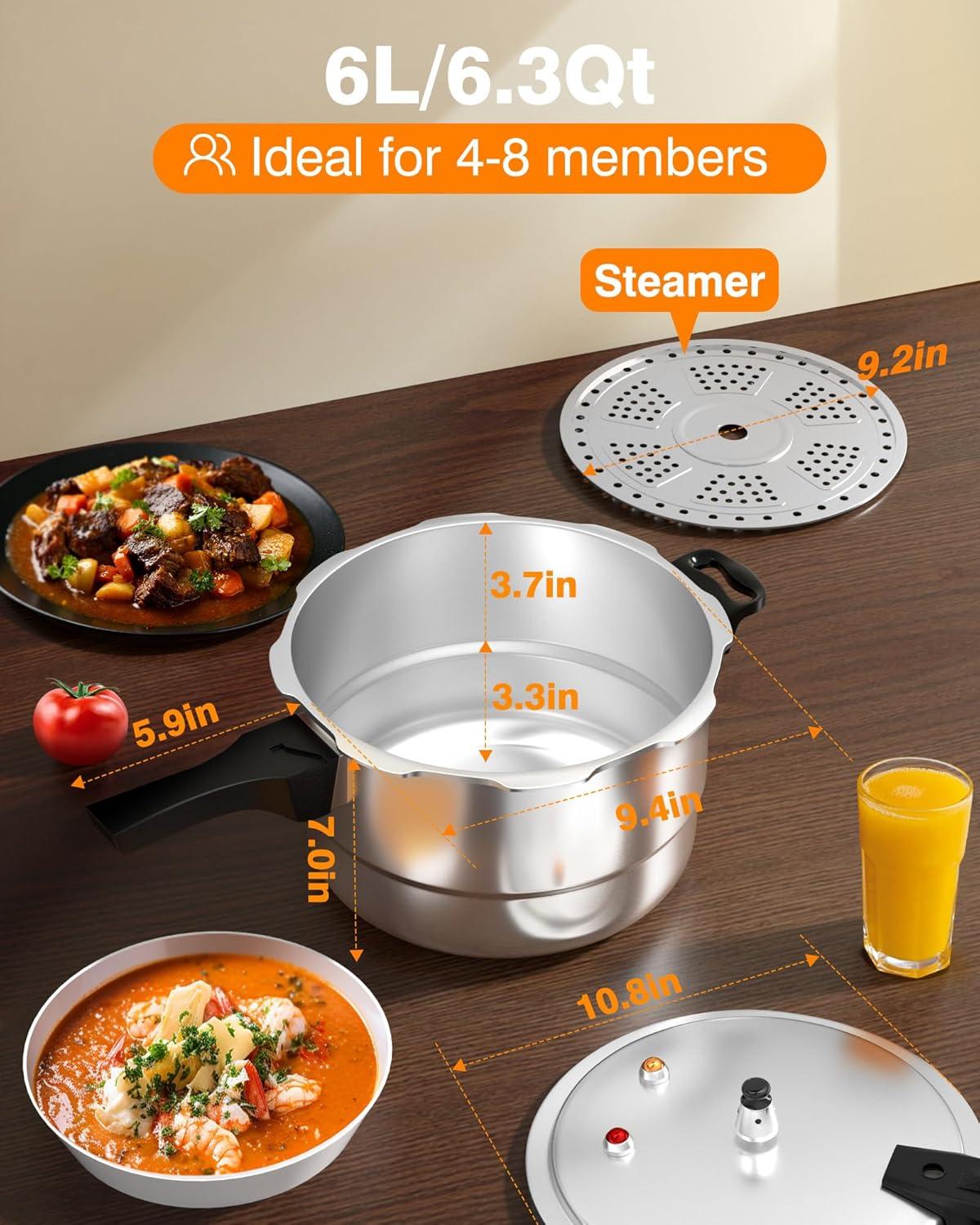 WantJoin 6Qt Aluminum Pressure Cooker w/Release Valve & Multiple Protective Devices,Pressure Canner Compatible with Gas & Induction Cooker,Canner Rack Included