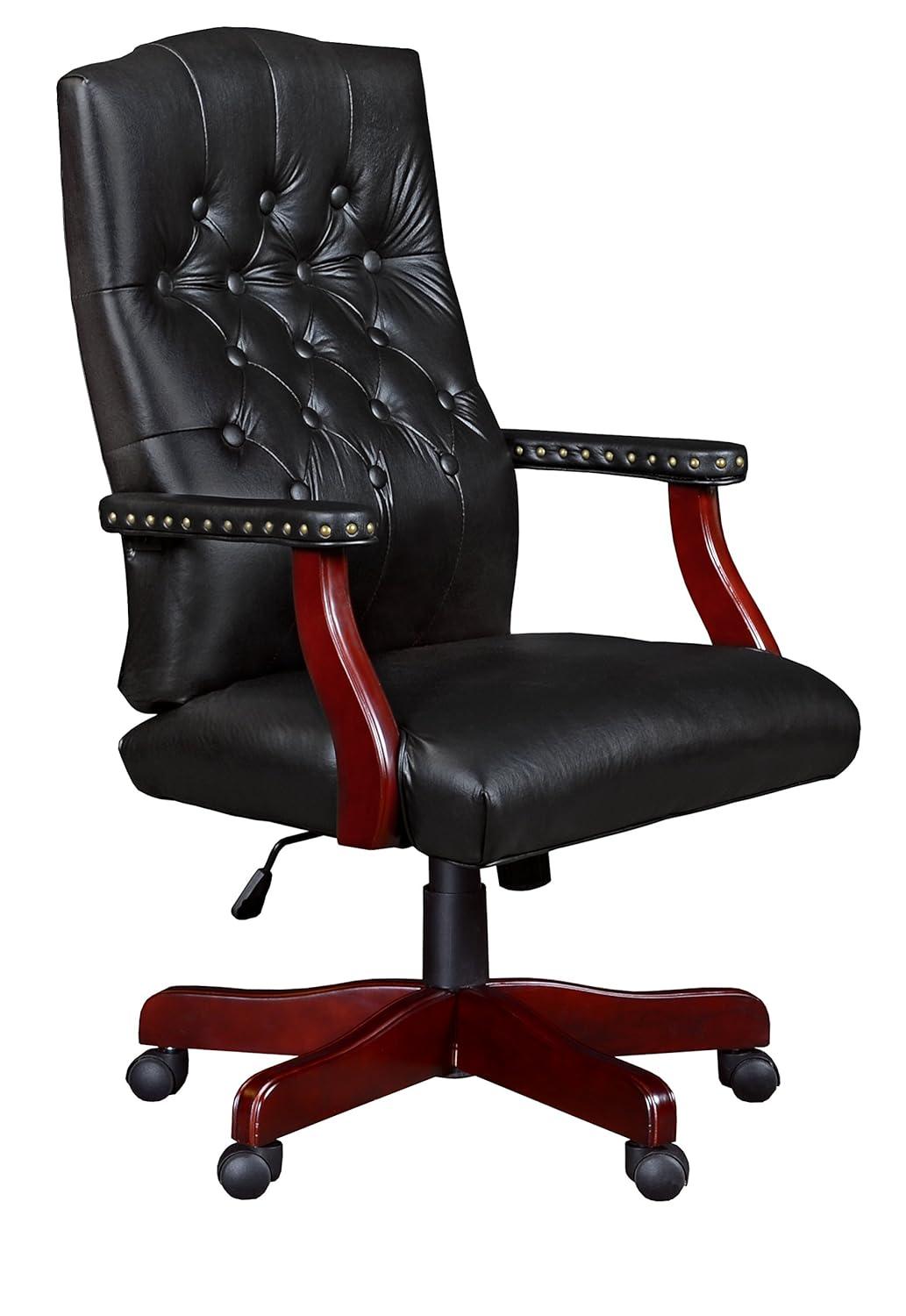 Regency Ivy League Swivel Chair Black: Mid-Century Modern Executive, Padded Leather, Ergonomic with Fixed Arms