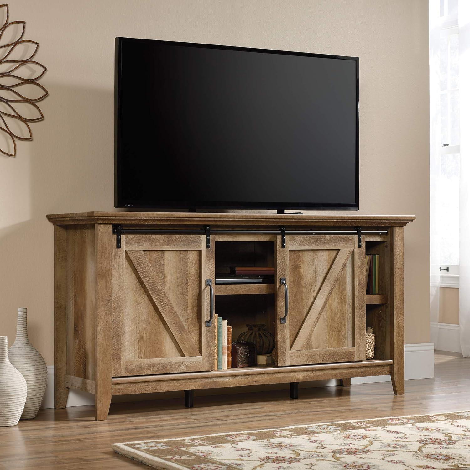 Dakota Pass TV Stand for TVs up to 70" Dark Brown - Sauder: Craftsman Oak Finish, Sliding Doors, Adjustable Storage