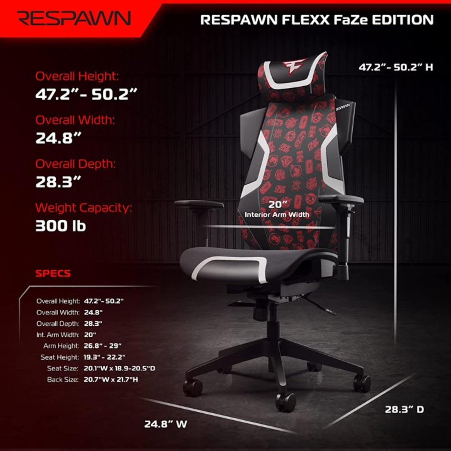 RESPAWN FLEXX Mesh Gaming Chair With Lumbar Support, Ergonomic Gaming Chair with Recline/Tilt Tension Controls, Adjustable Arms, 300lb Max Weight With Wheels for Computer/Desk/Office