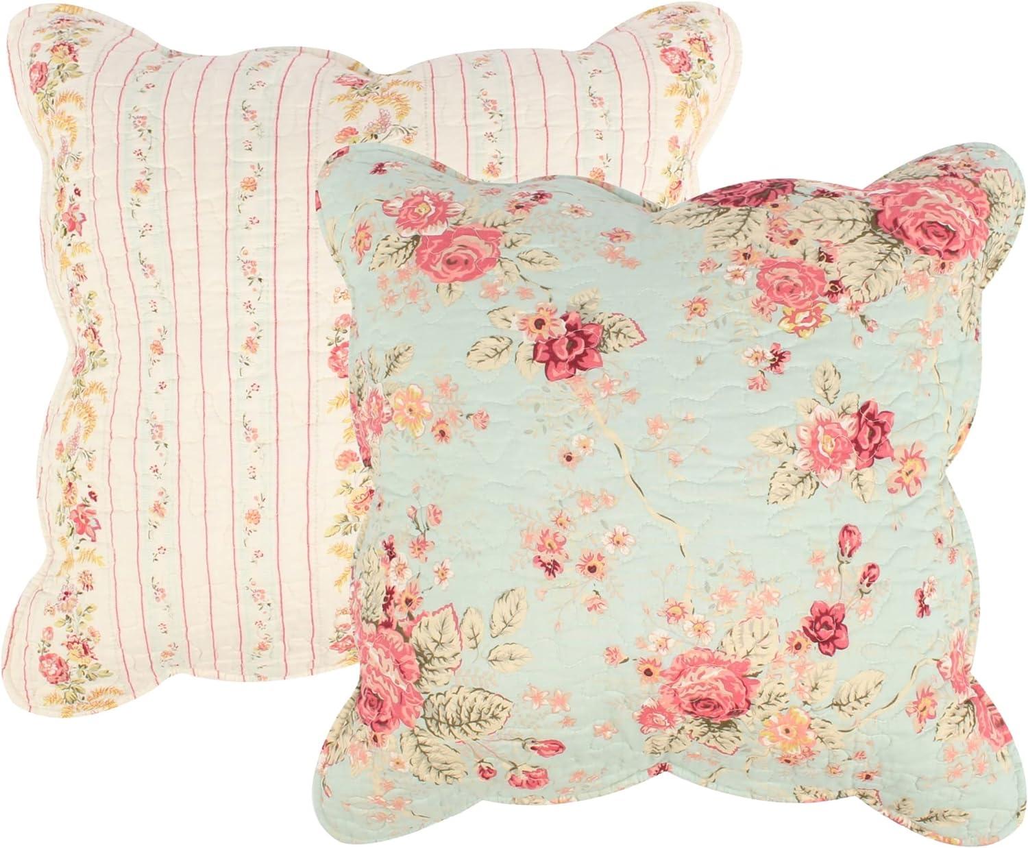 Antique Rose Blue Floral Cotton Throw Pillow Set