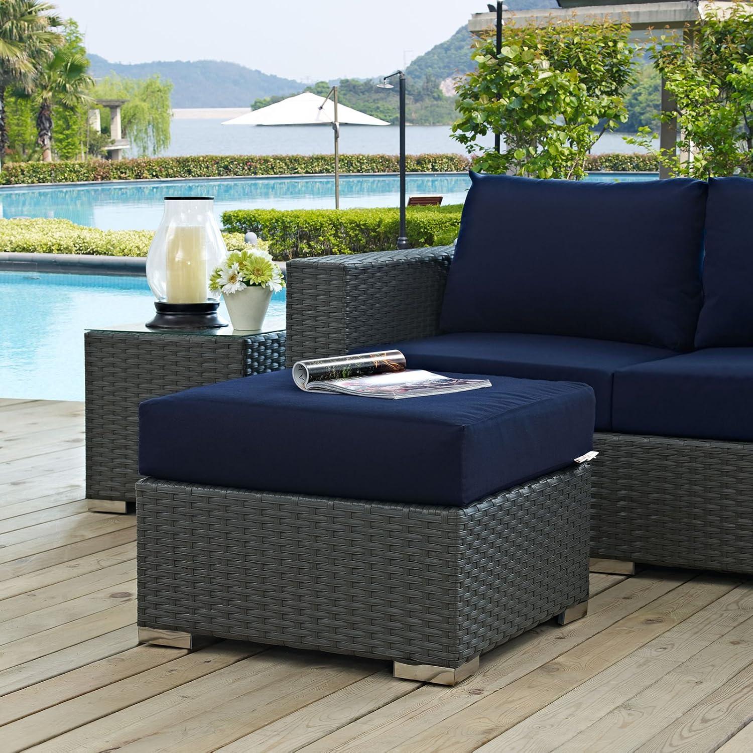 Modway Sojourn Aluminum and Rattan Patio Ottoman in Canvas/Navy