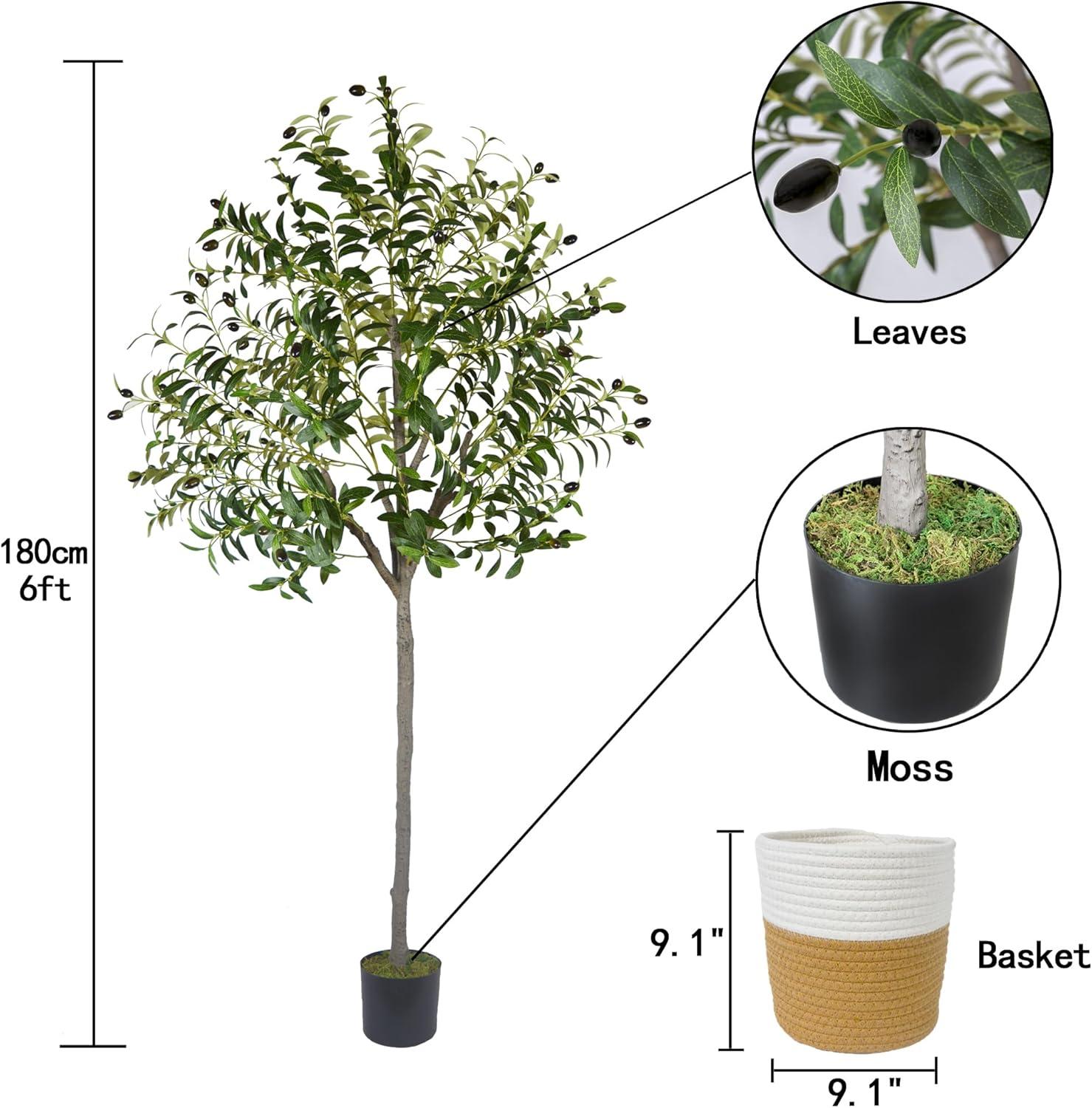 6FT Tall Artificial Olive Tree with Realistic Trunk and Leaves in White Pot