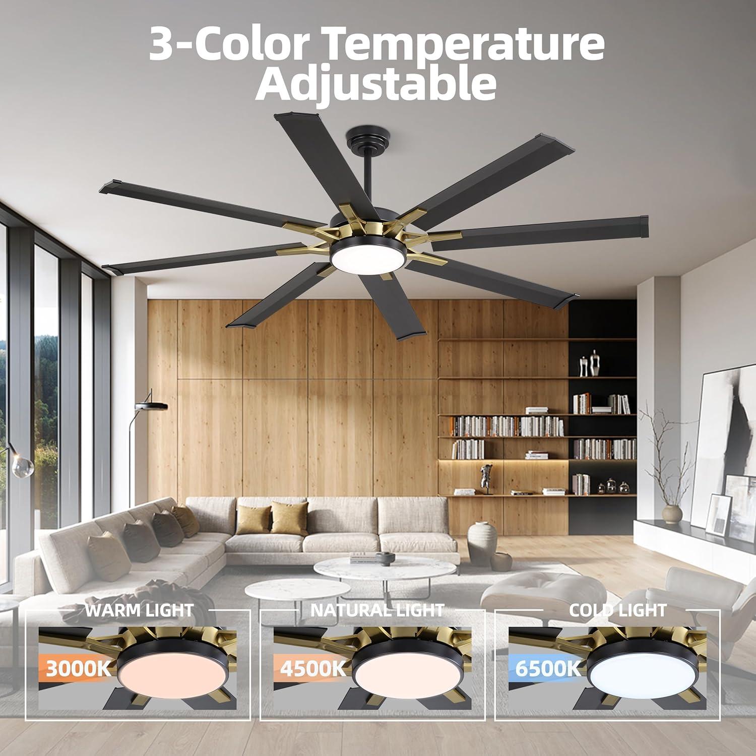 72'' Black and Brass 8-Blade Modern Ceiling Fan with LED Light