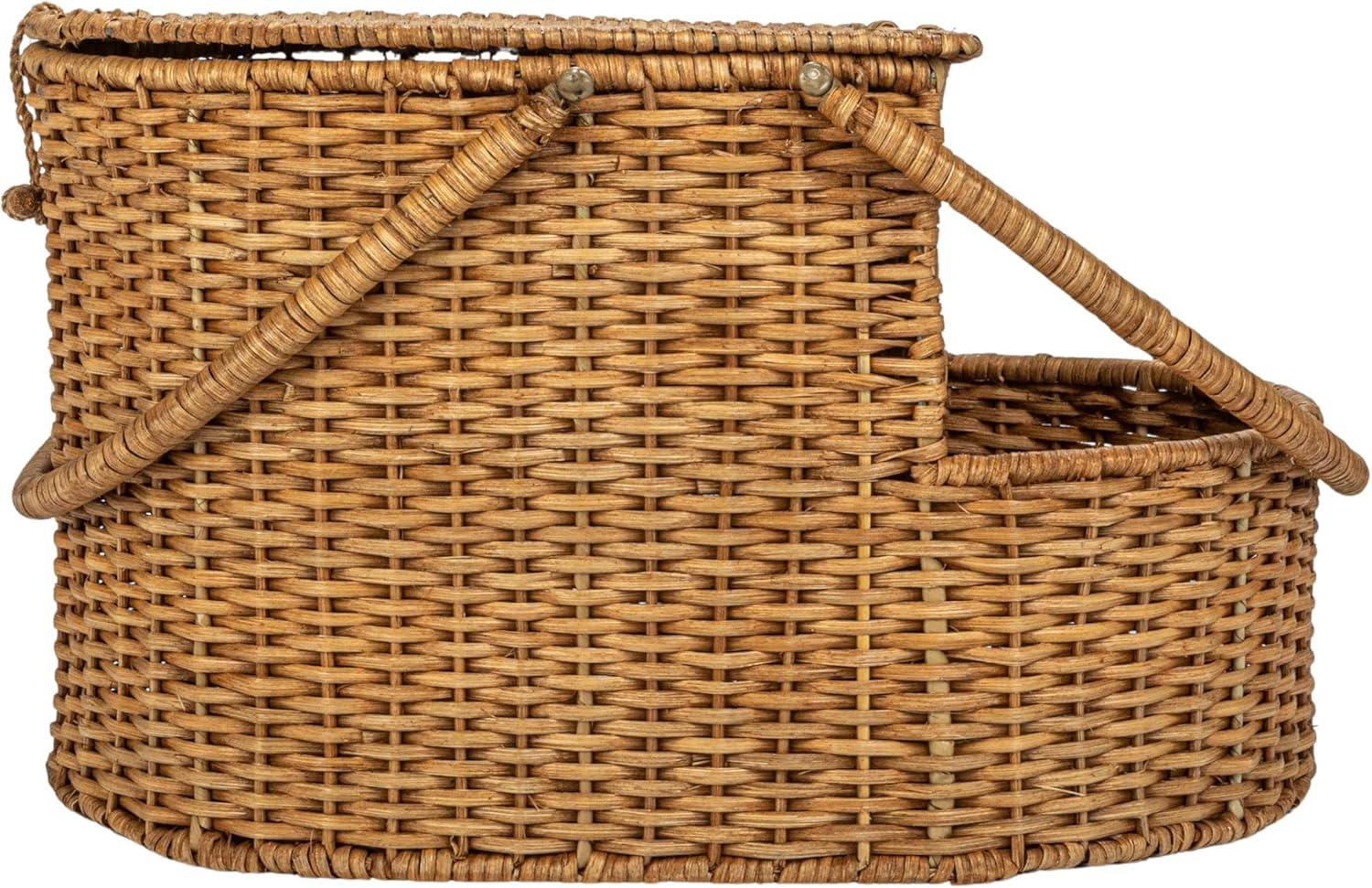 Creative Co-Op Oval Rattan Wicker Picnic Basket with Open Side Compartment, Natural