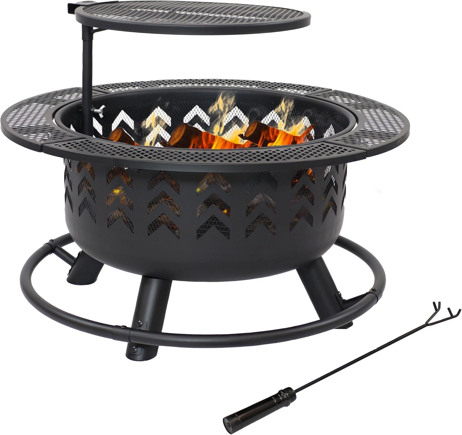 Sunnydaze Arrow Motif Heavy-Duty Steel Fire Pit with Cooking Grate, and PVC Cover - 32-Inch Round - Black