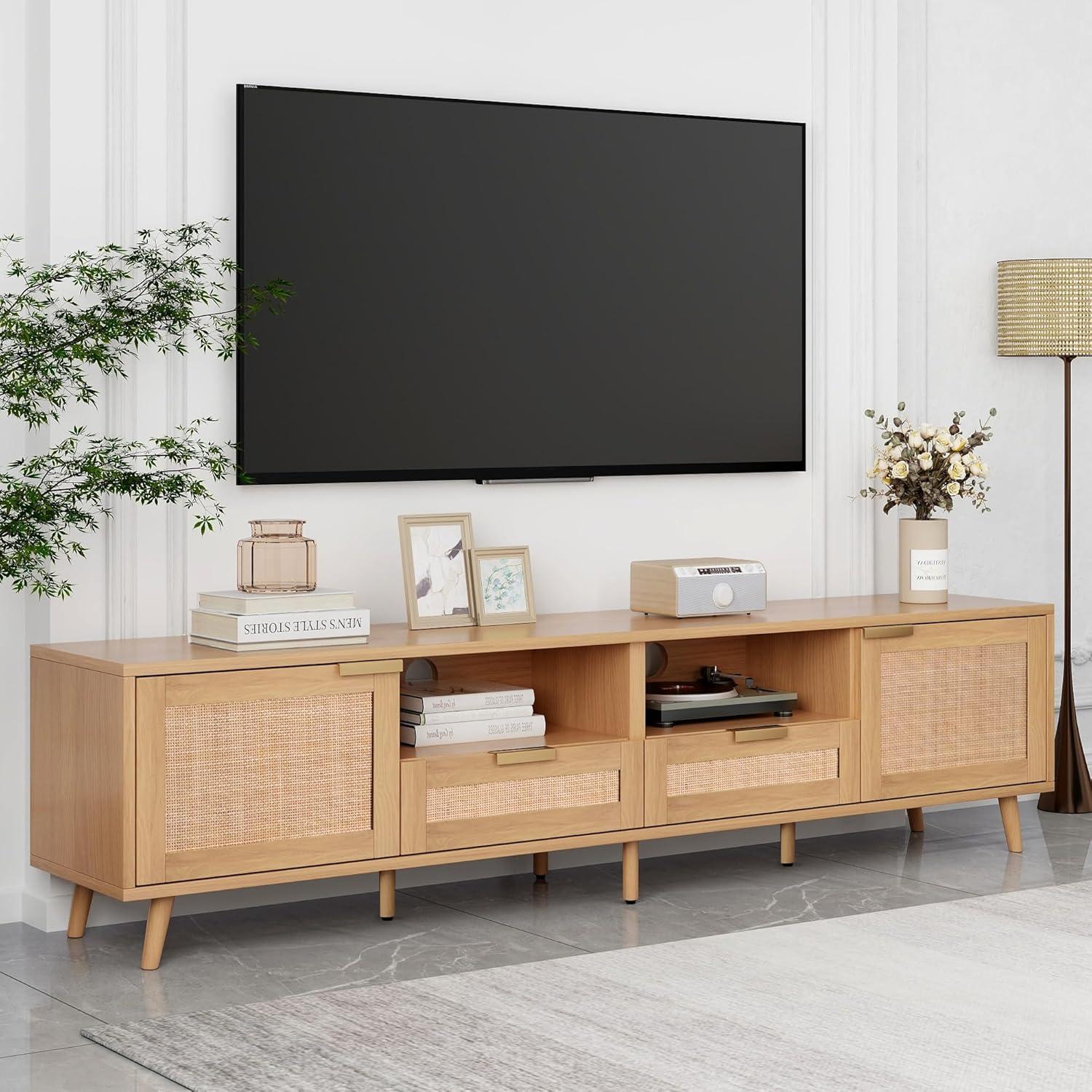 Rattan TV Stand for 85''+ TV, Mid Century Modern Entertainment Center with Rattan Decor Doors, Wood TV Console with 2 Doors & 2 Open Shelves & Drawers for Living Room, Bedroom, Natural