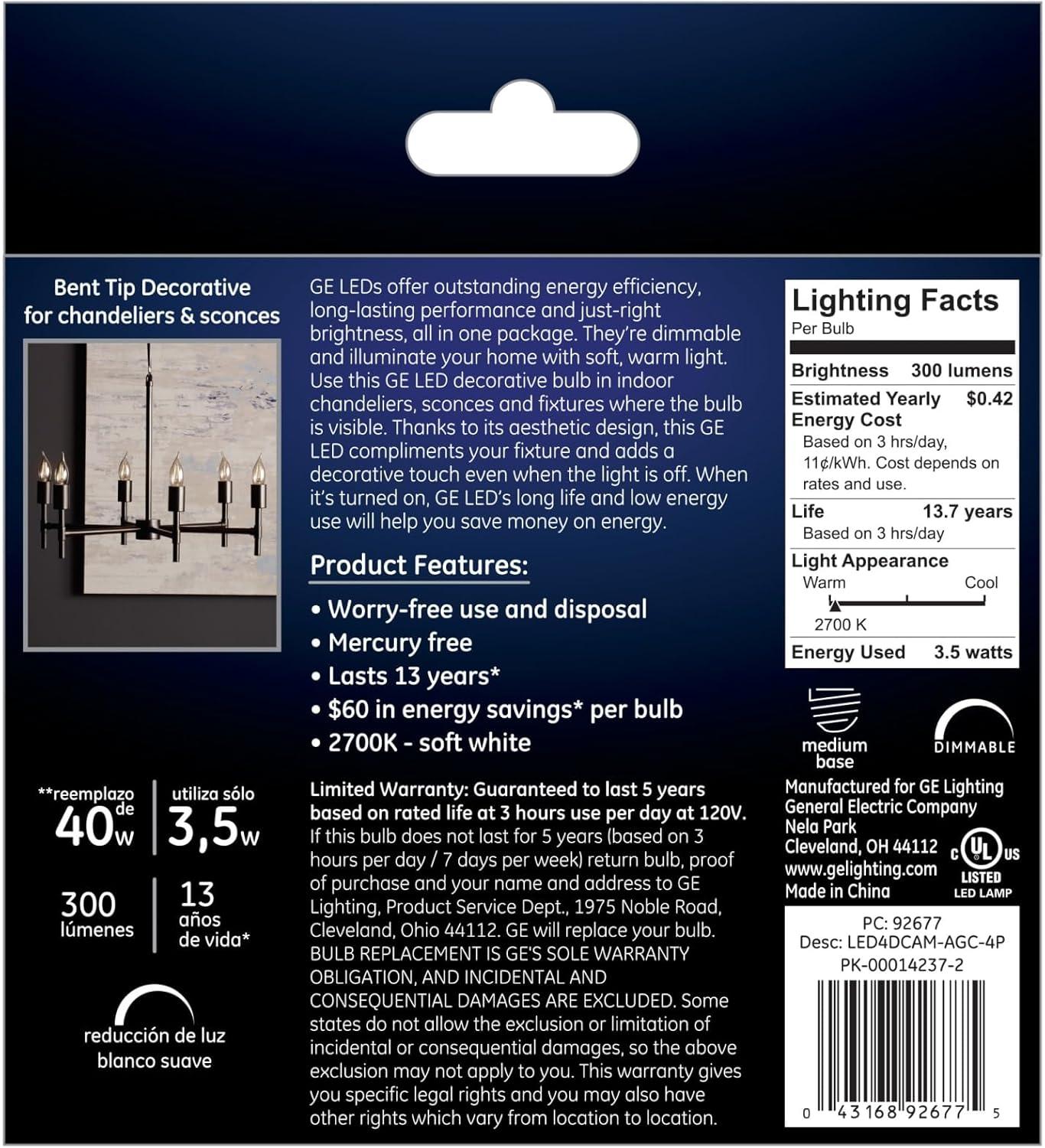 GE Soft White Clear Dimmable LED Candle Bulbs, 4-Pack