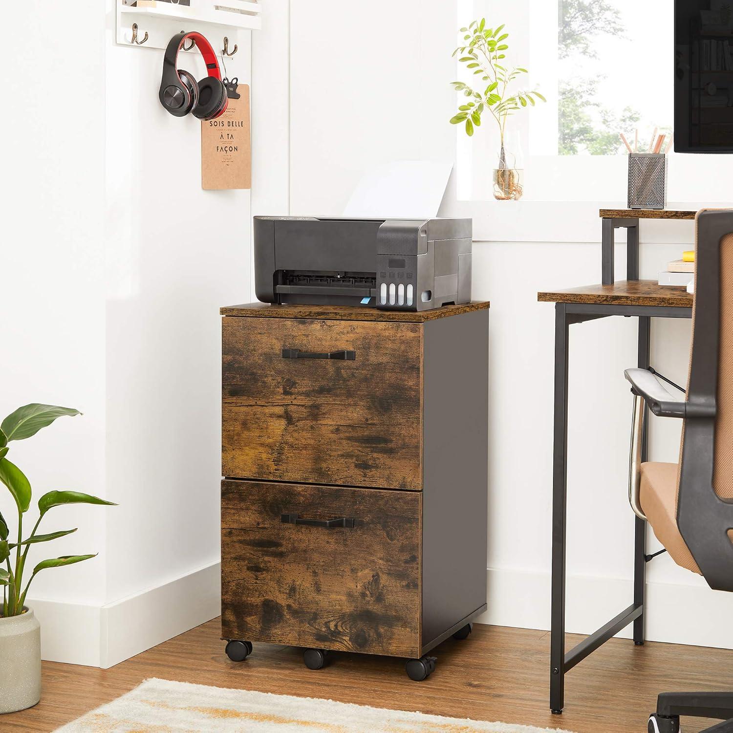 VASAGLE File Cabinet with 2 Drawers, Rolling Office Filing Cabinet, Rustic Brown and Black