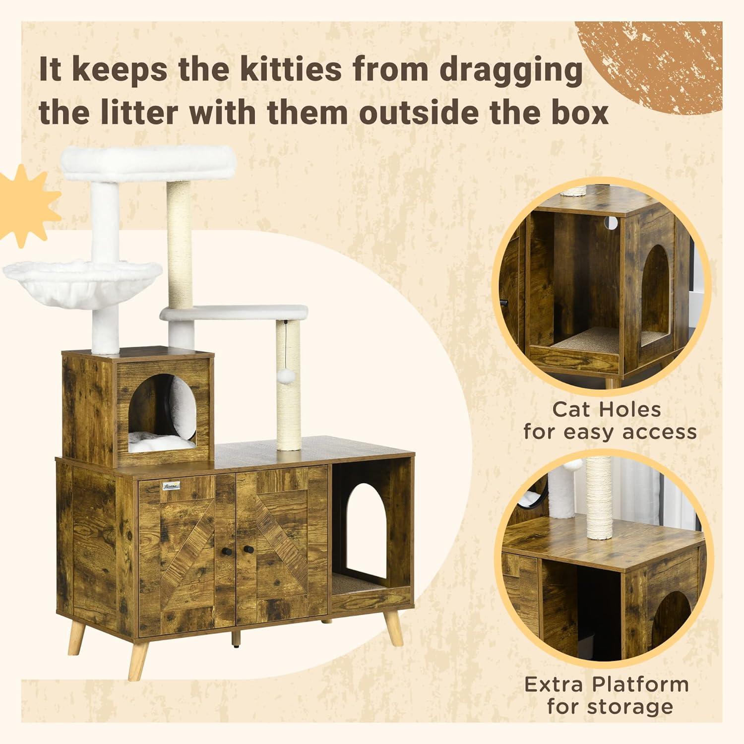 PawHut Cat Tree with Litter Box Enclosure, 2-in-1 Cat Tower Litter Box Furniture Indoor, Cat Condo with Hammock, Scratching Posts Pad, Rustic Brown
