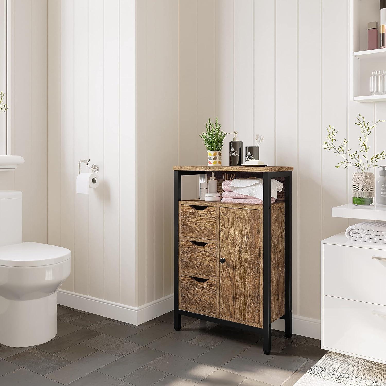 Yaheetech Bathroom Floor Storage Cabinet with Shelves and 3 Drawers Rustic Brown