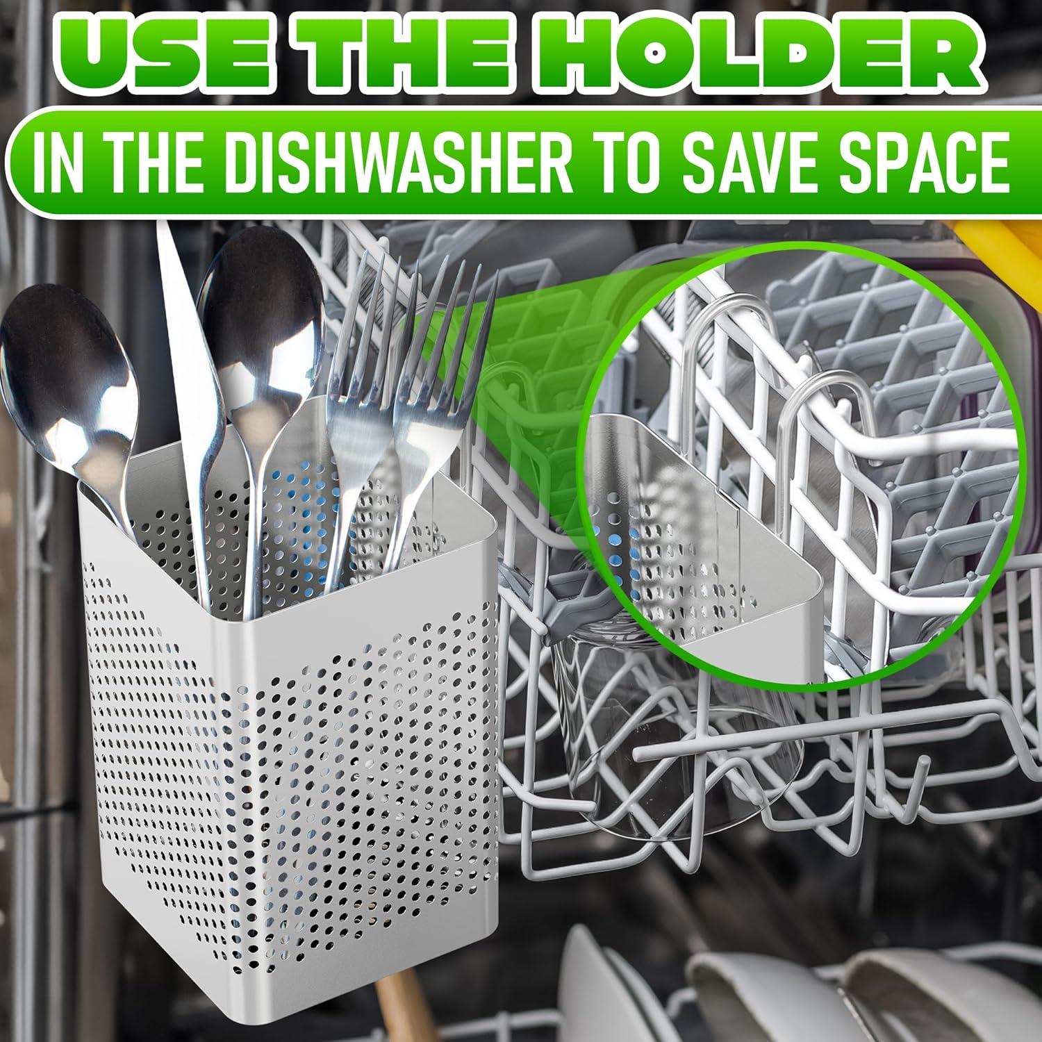 Small Kitchen Utensil Chopsticks Perforated Holder with Hooks - Stainless Steel Storage Stand Kitchen Holder for Spoon Knife Fork Case Organizer Dishwasher Safe Small Square Caddy