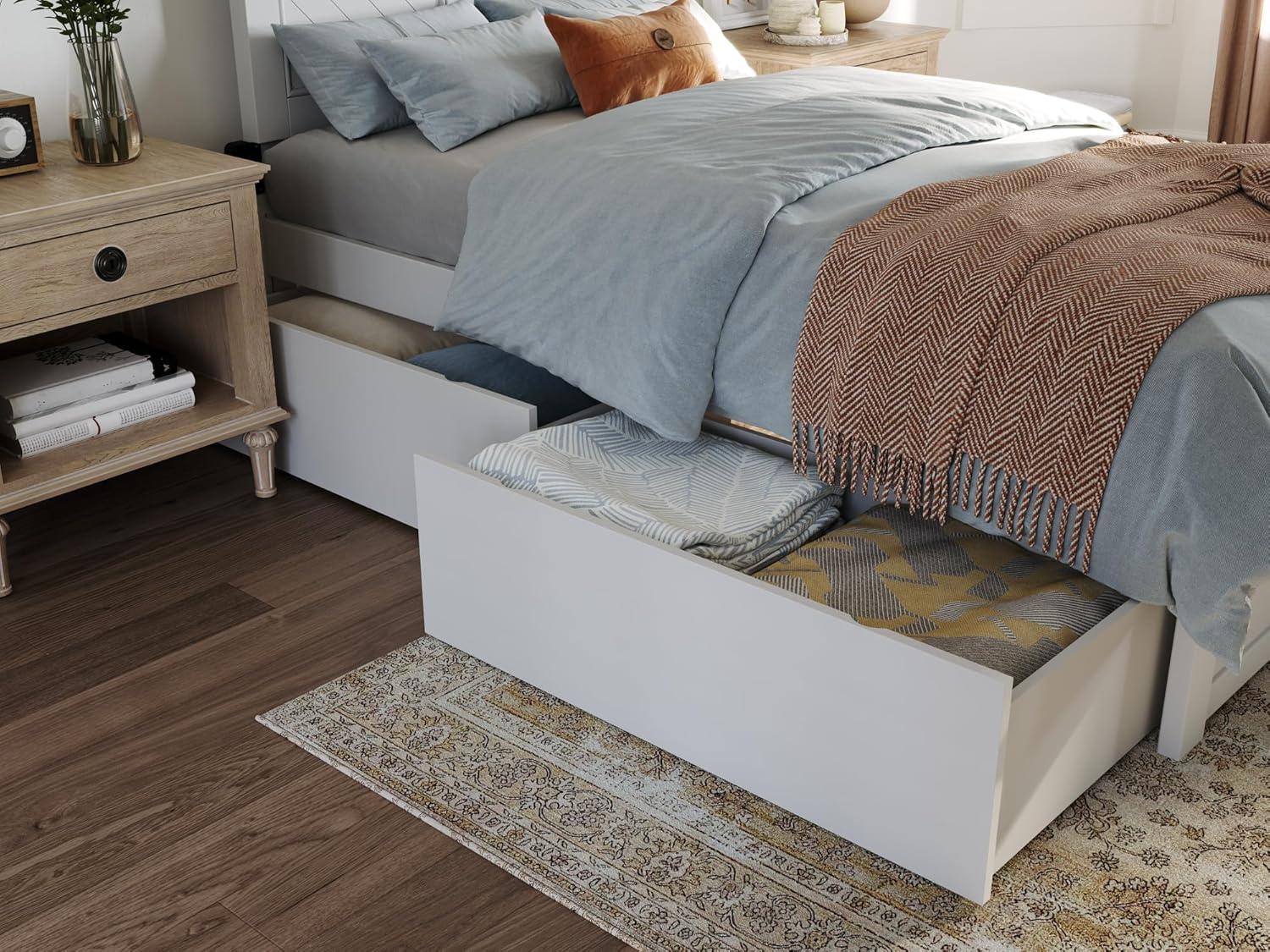 White Twin XL Wood Platform Bed with Chevron Headboard and Storage Drawers