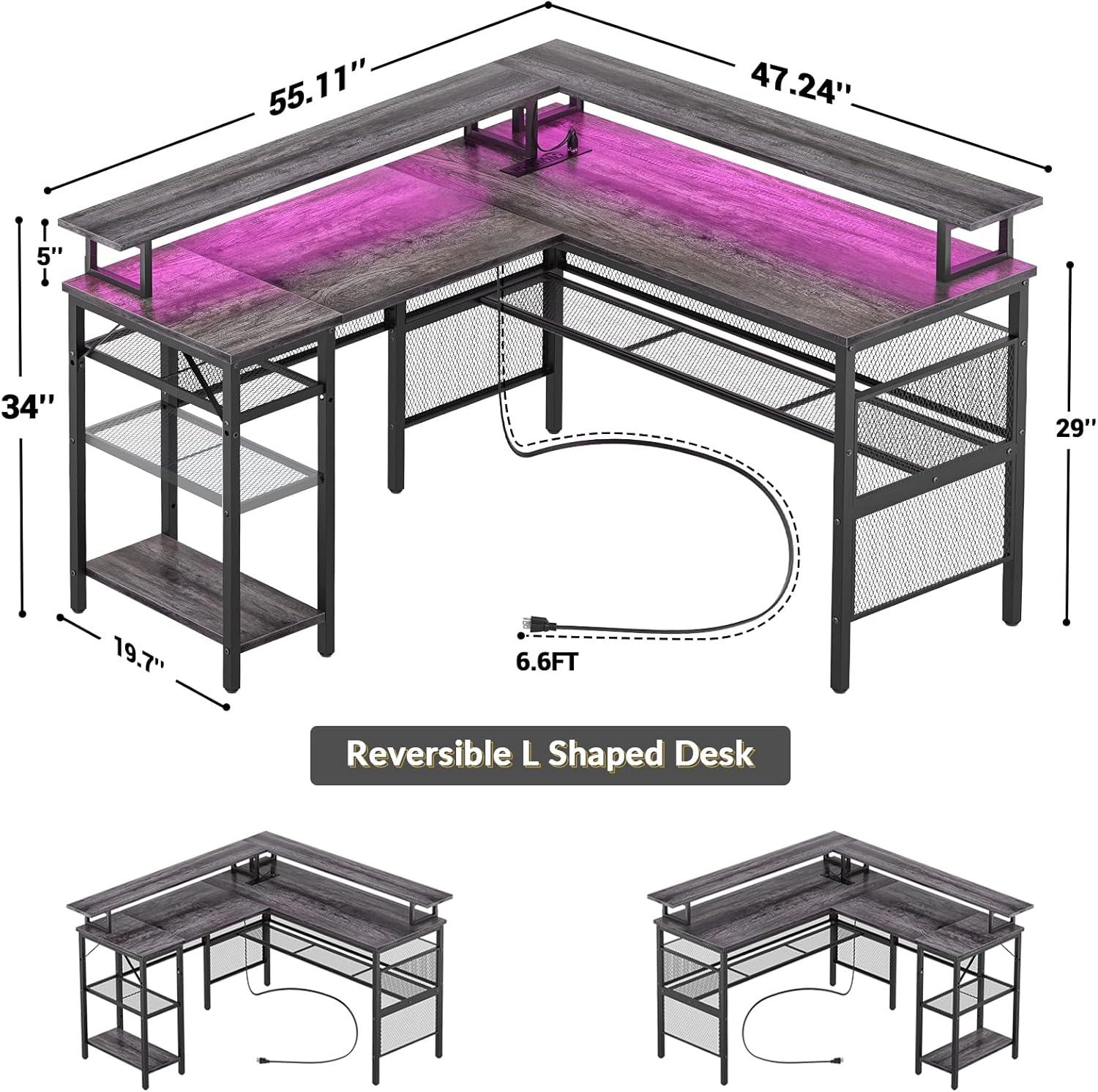 Unikito Reversible L Shaped Desk with Power Outlets and RGB LED Light, Sturdy Computer Desk with Ergonomic Monitor Stand and Storage Shelves, Corner Desk for Home Office, Easy Assembly, Black Oak