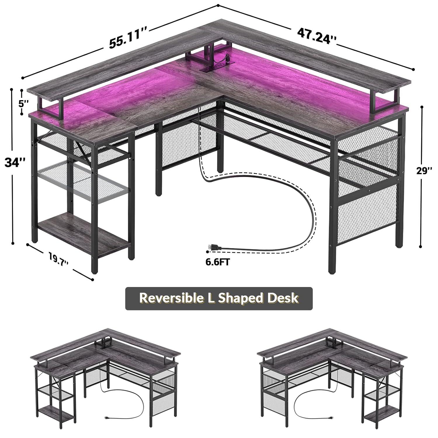 Unikito Reversible L Shaped Desk with Power Outlets and RGB LED Light, Sturdy Computer Desk with Ergonomic Monitor Stand and Storage Shelves, Corner Desk for Home Office, Easy Assembly, Black Oak