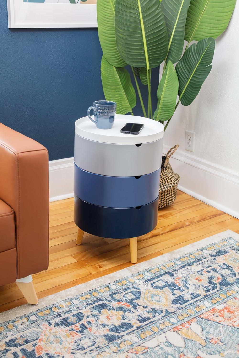 Tray Top End Table With 3-Storage Bin & Natural Wood Legs