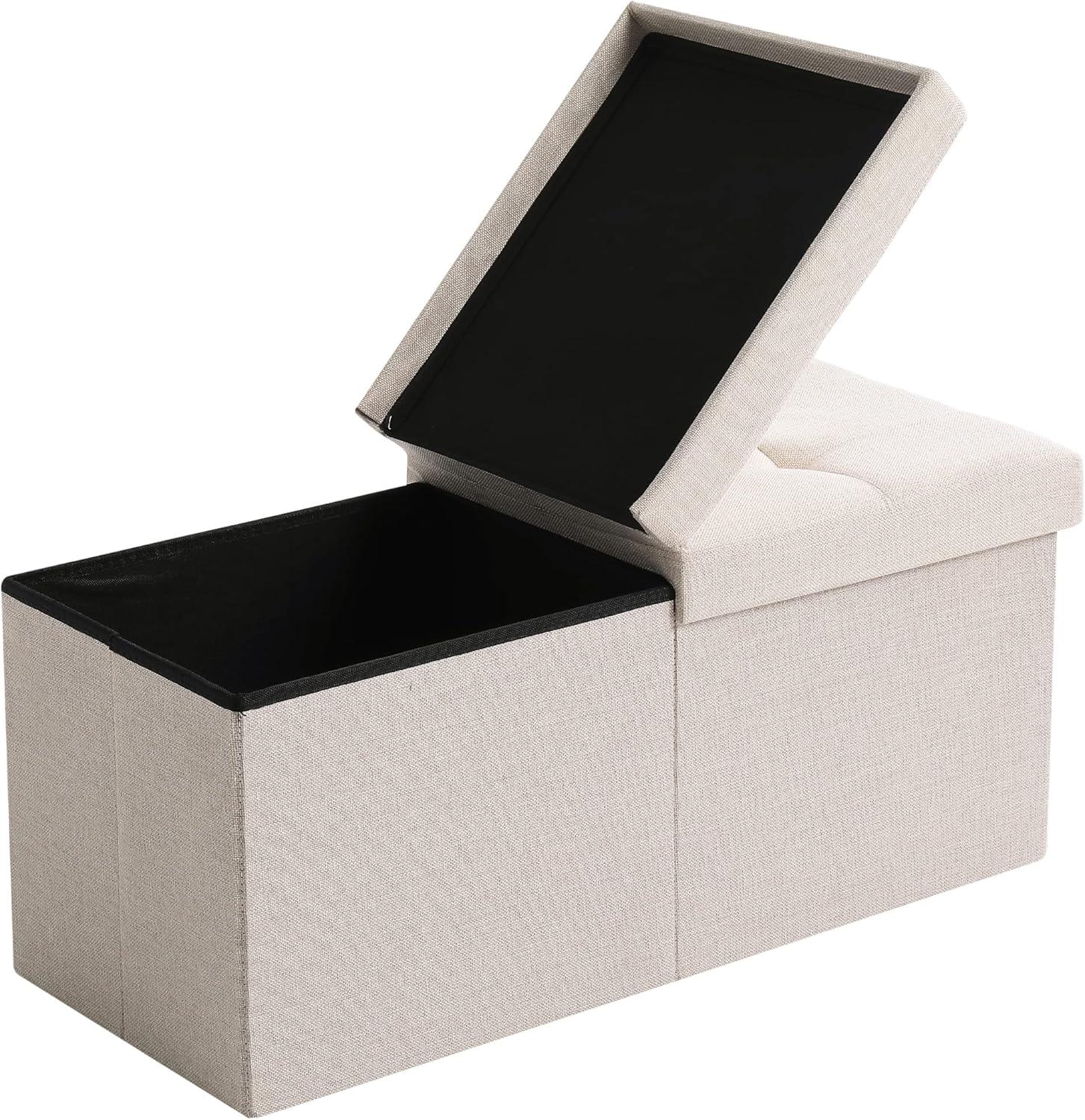 Beige Tufted Linen Foldable Storage Ottoman Bench