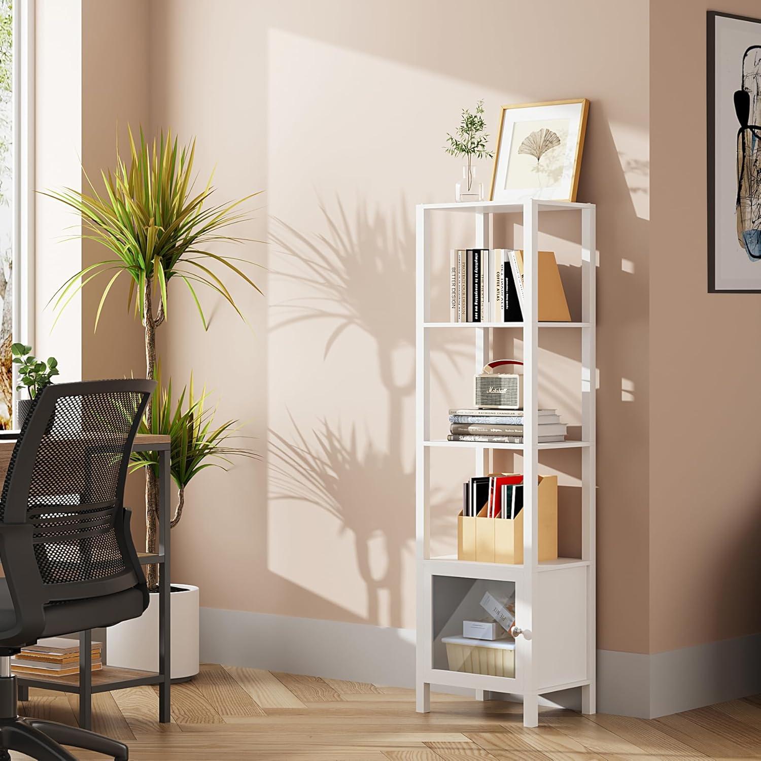 TUTOTAK 5 Tier Bookcase and Bookshelf, Narrow Book Shelf with Door for Small Space, for Living Room, Office, Study, Entryway, White BS03BW005
