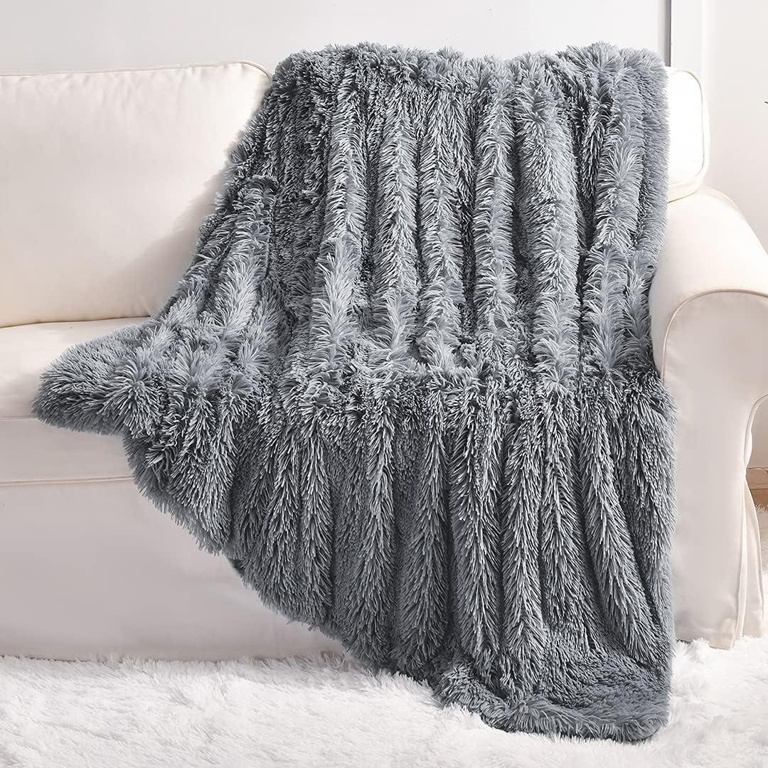 Gray Faux Fur 60" x 50" Machine Washable Throw Blanket