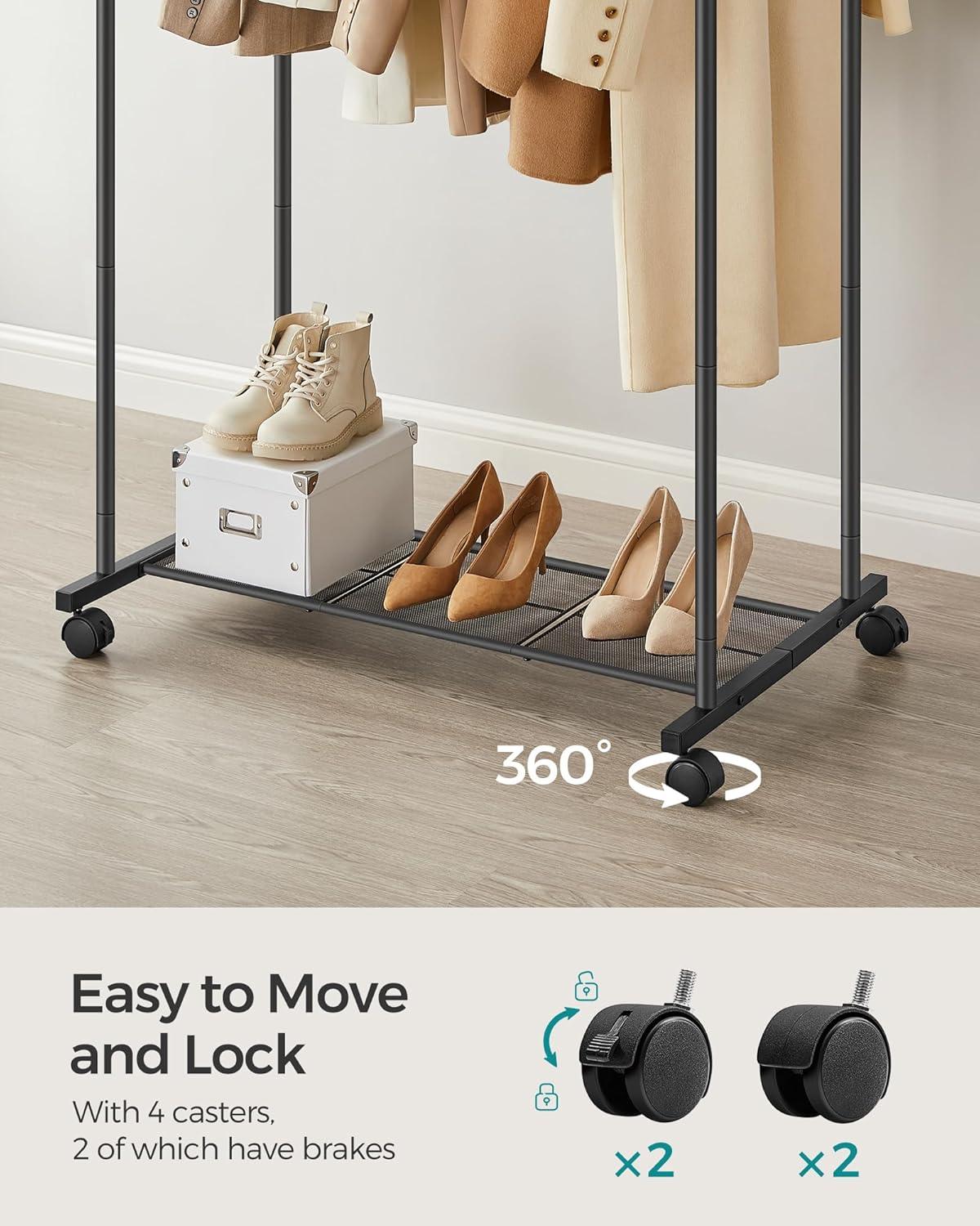 Black Steel Double Rod Portable Clothes Rack with Mesh Shelf