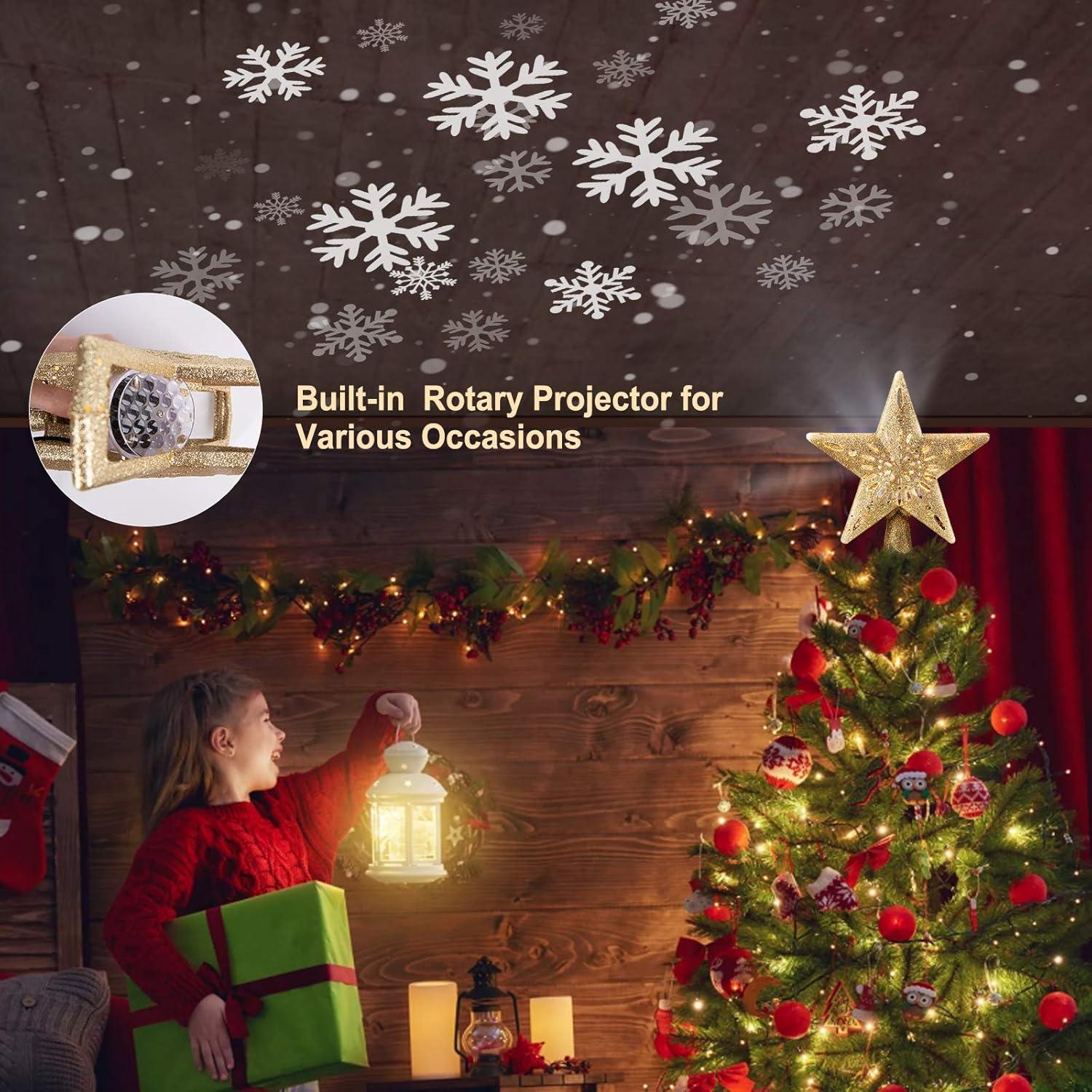 HESHENG Christmas Star Tree Topper with Built-in Led Snowflake Projector Lights Hollowed Pentagram Tree Topper, Plug in Christmas Tree Ornament for Xmas New Year Holiday Decoration