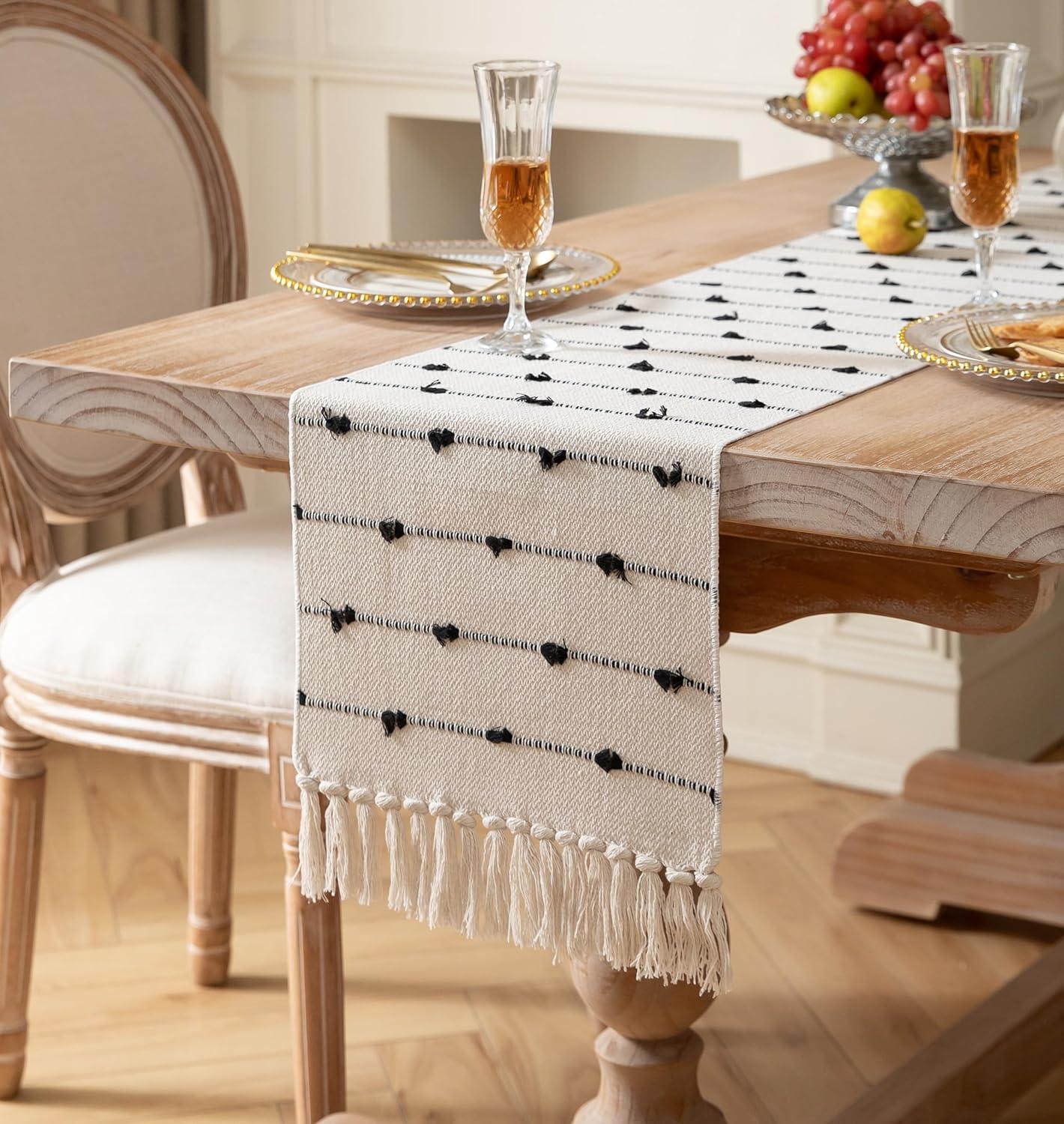 Table Runner 13 X 90 Inch Long Natural Cotton Woven Runner With Tassels For Home Dining Table Décor, For Modern Farmhouse Decor Coffee Table Runner