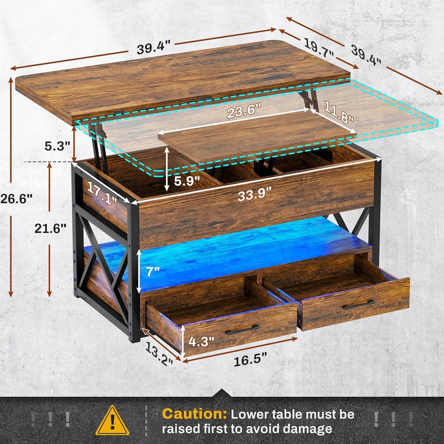 Lift Top Coffee Table with 2 Drawers and LED Lights, 4 in 1 Coffee Tables with Storage for Living Room, Rustic Brown