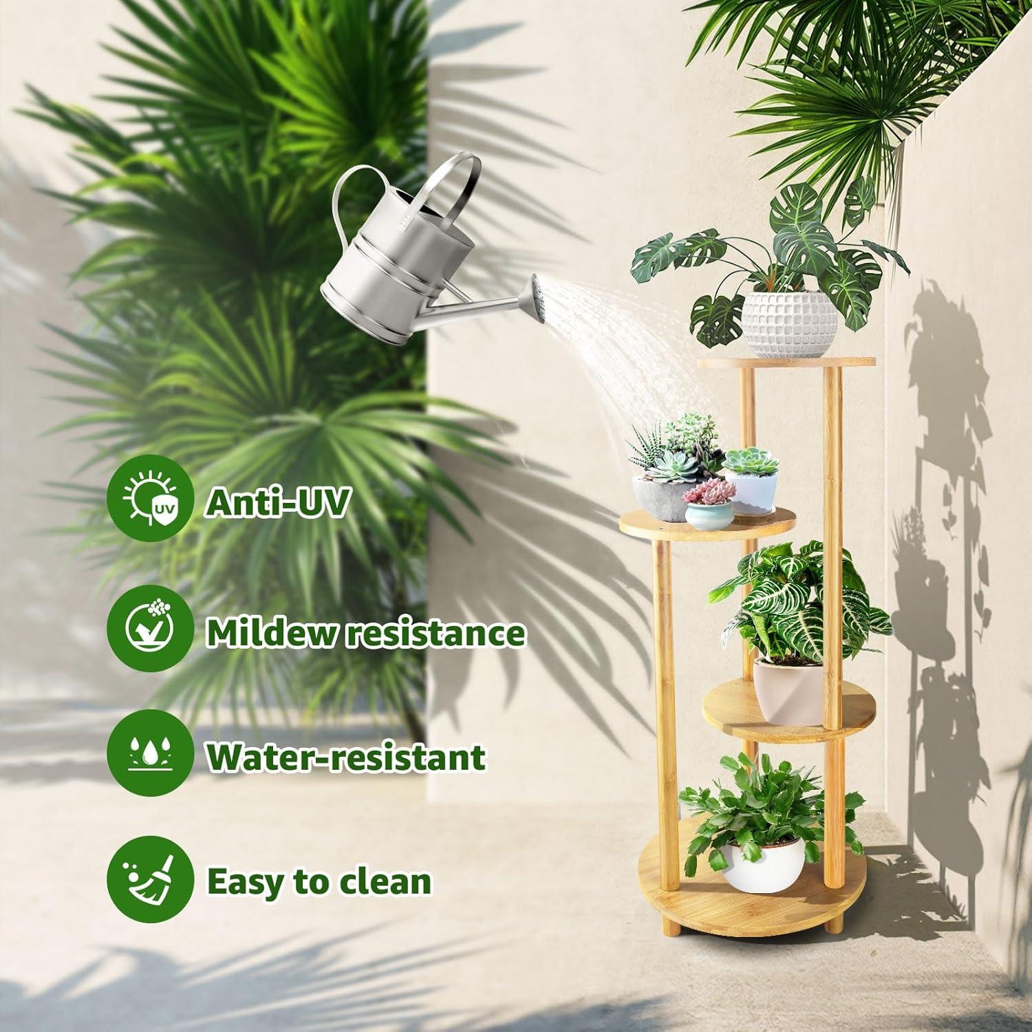 Bamboo Plant Stand Indoor, 4-Tier Planter Shelf for Multiple Plants, Tall Corner Holder for Living Room, Outdoor Display Rack for Balcony Patio, Flower Potted Stand for Office Decor