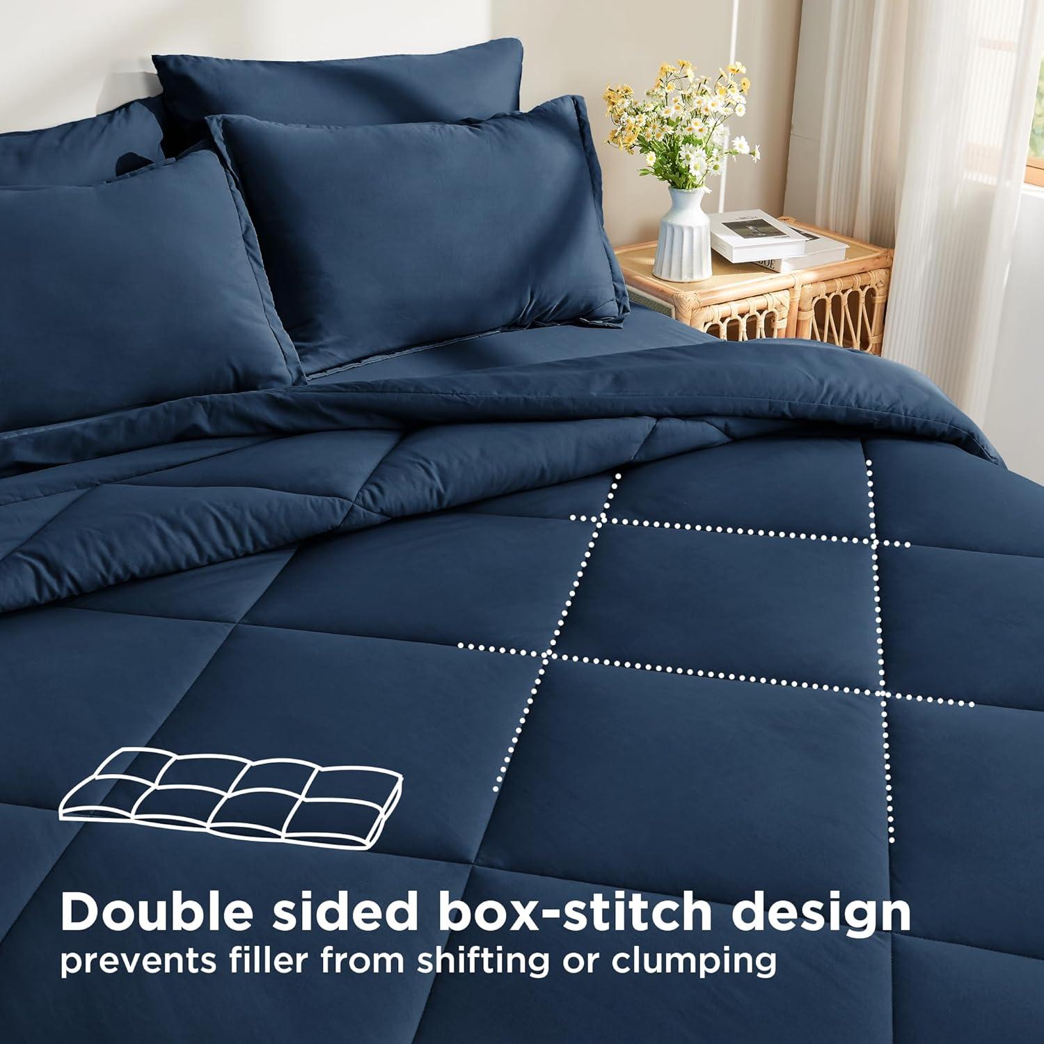 Virtu Queen Comforter Set, 7pc Bed in a Bag, Pleated Bedding Comforter Sets with Sheets, Navy