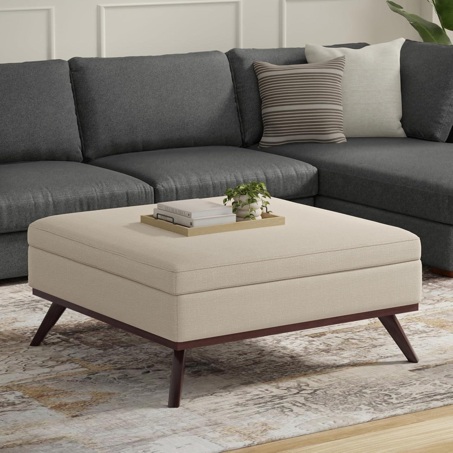 Simpli Home Owen 34"W Upholstered Coffee Table Storage Ottoman with Lift Top and Solid Wood Legs