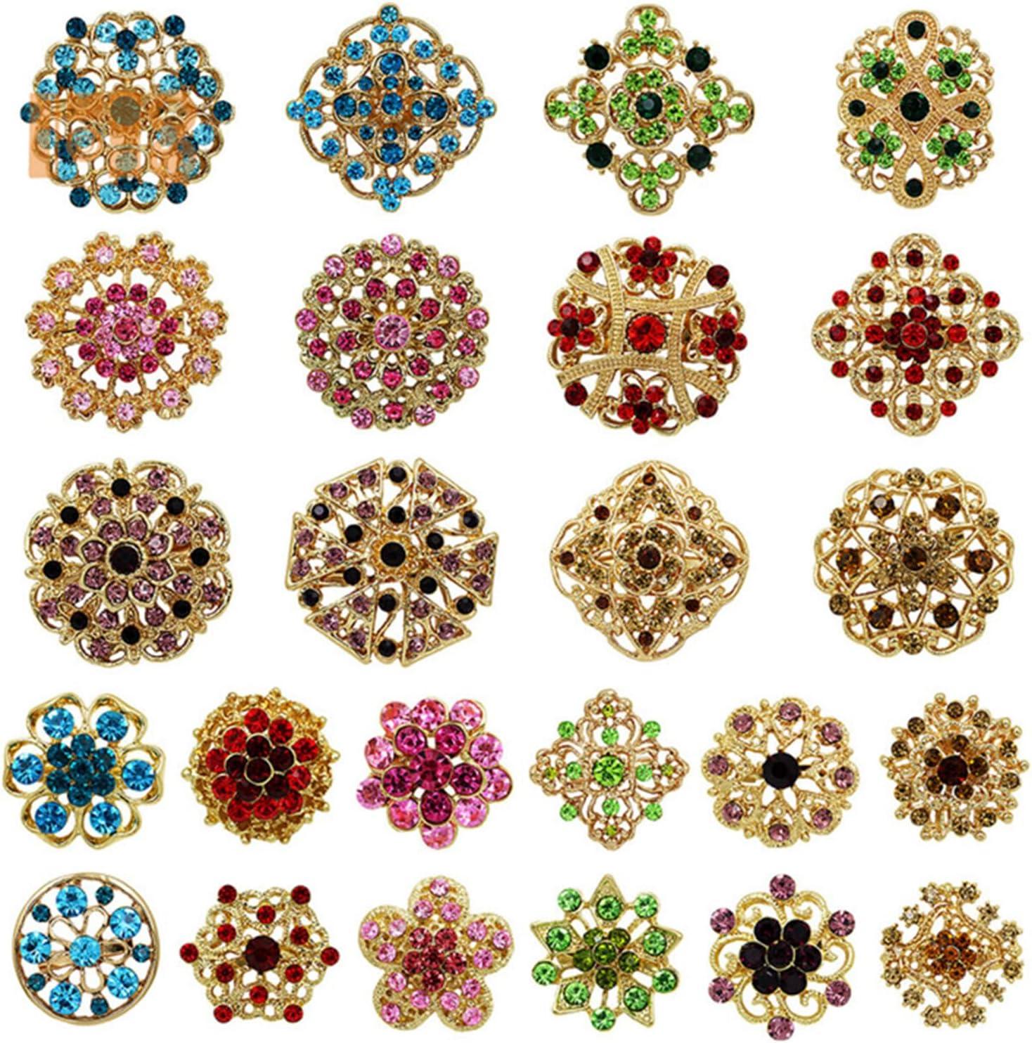 Vintage Gold Rhinestone Crystal Flower Brooch Pins Set, 24 Pieces