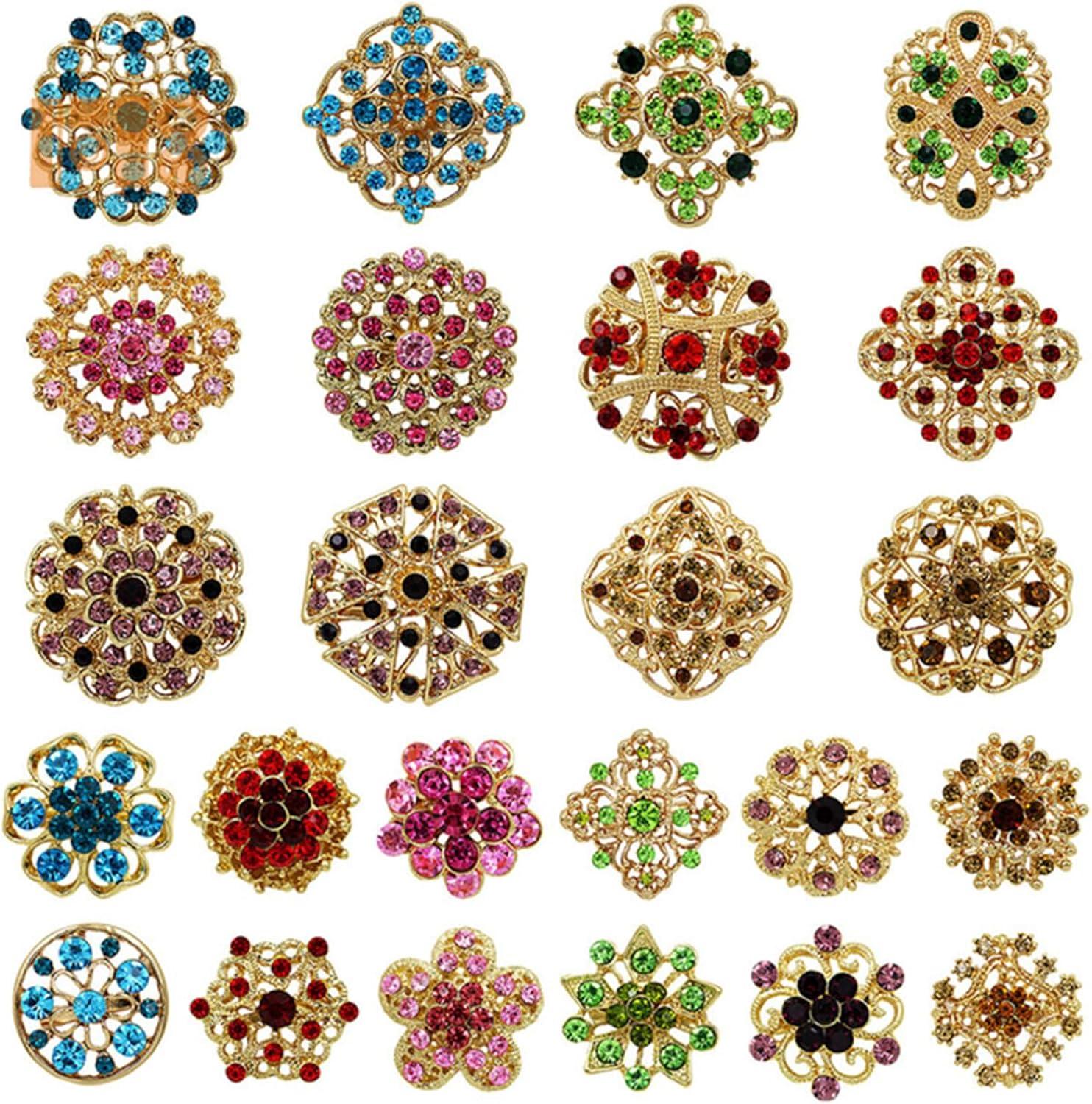 The Perfect Part Pack of 24 Rhinestone Crystal Flower Brooch Pins, Vintage Jewelry Colorful Crystal Flower Brooches for Women