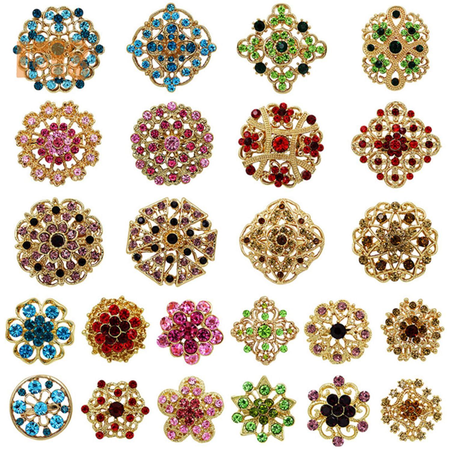 The Perfect Part Pack of 24 Rhinestone Crystal Flower Brooch Pins, Vintage Jewelry Colorful Crystal Flower Brooches for Women