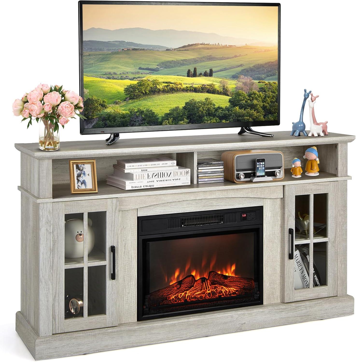 Gray Engineered Wood Fireplace TV Stand with Cabinets for 65" TVs