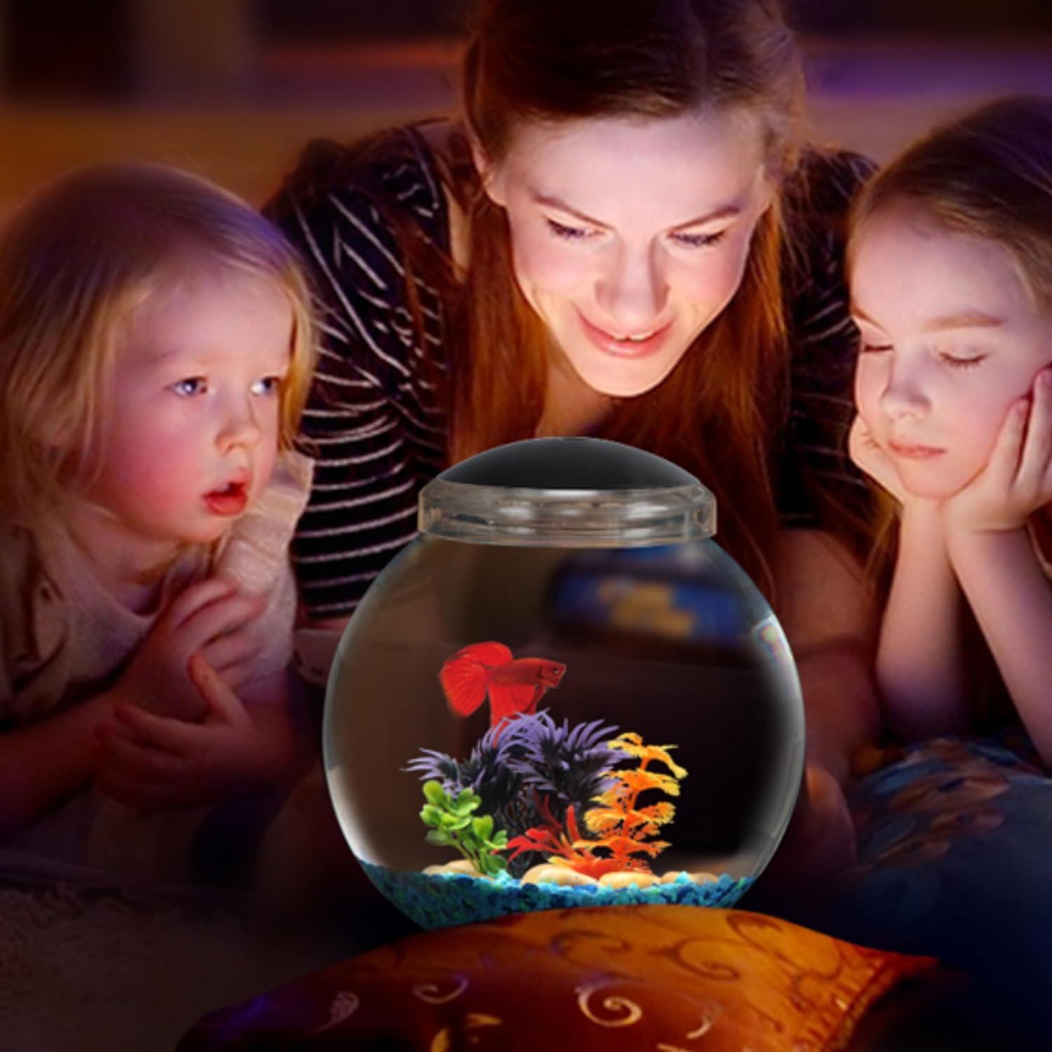 Koller Products 1-Gallon Globe Fish Bowl, Impact- Resistant Plastic Aquarium Starter Kits with LED Lighting, Buit-in Timer, Crystal-Clear Clarity, Desktop Fish Tank for Home Décor