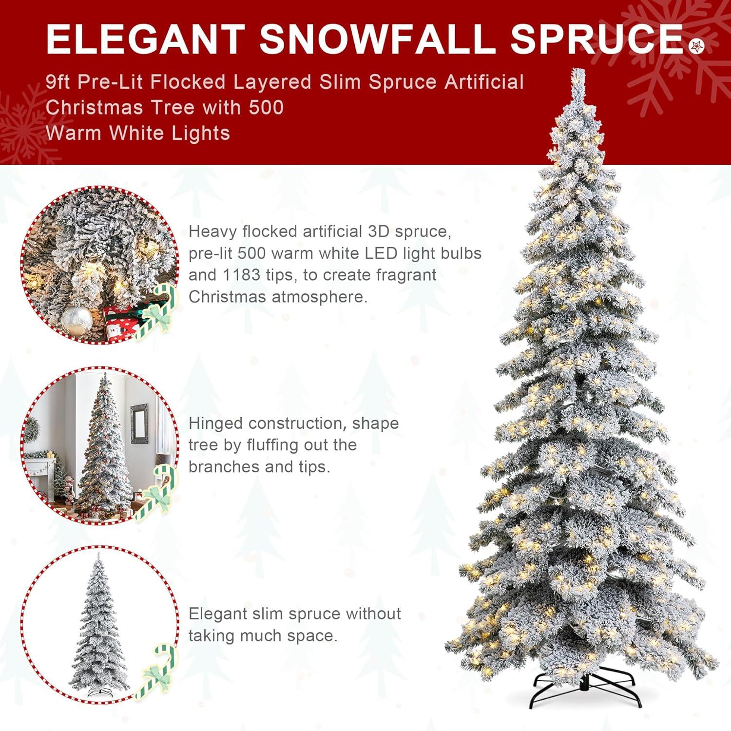Glitz Design Glitzhome 9ft Pre-Lit Flocked Layered Spruce Artificial Christmas Tree with 500 Warm