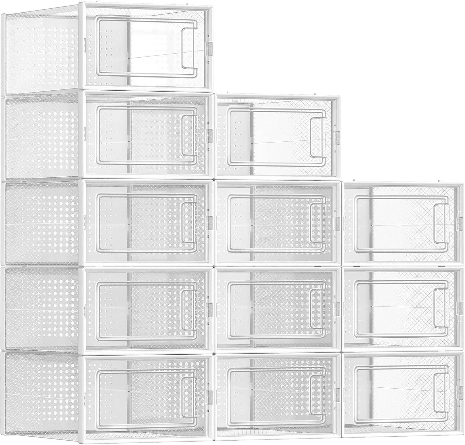 SONGMICS Shoe Boxes Pack of 12 Clear Stackable Plastic Shoe Storage Organizers Organizador De Zapatos Fit up to US Size 10 Transparent and Clear