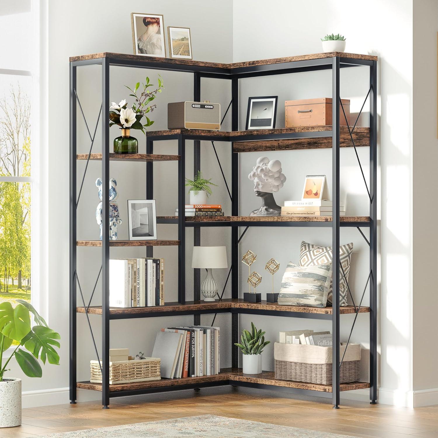 IRONCK Bookcases and Bookshelves, 5-Tiers Corner Bookcase with Curved Panels, L Shaped Shelf with Metal Frame for Open Storage for Living Room Home Office