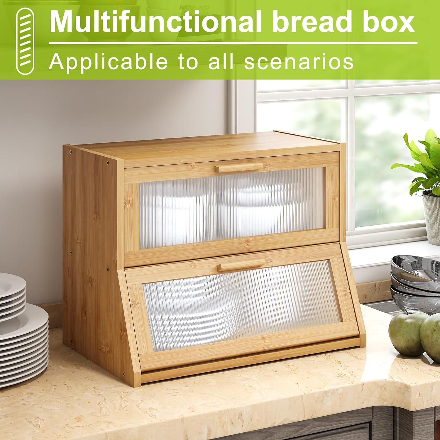 Large Bread Box Double Layer Bamboo Bread Box For Kitchen Counter Container Farmhouse Bread Box Bread Holder Capacity Bread Storage Bin(Natural)