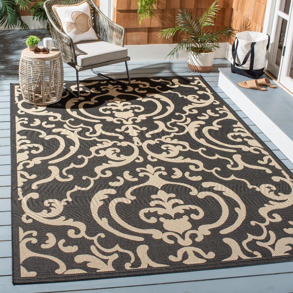 SAFAVIEH Courtyard Dara Damask Indoor/Outdoor Area Rug, 4' x 5'7", Black/Sand