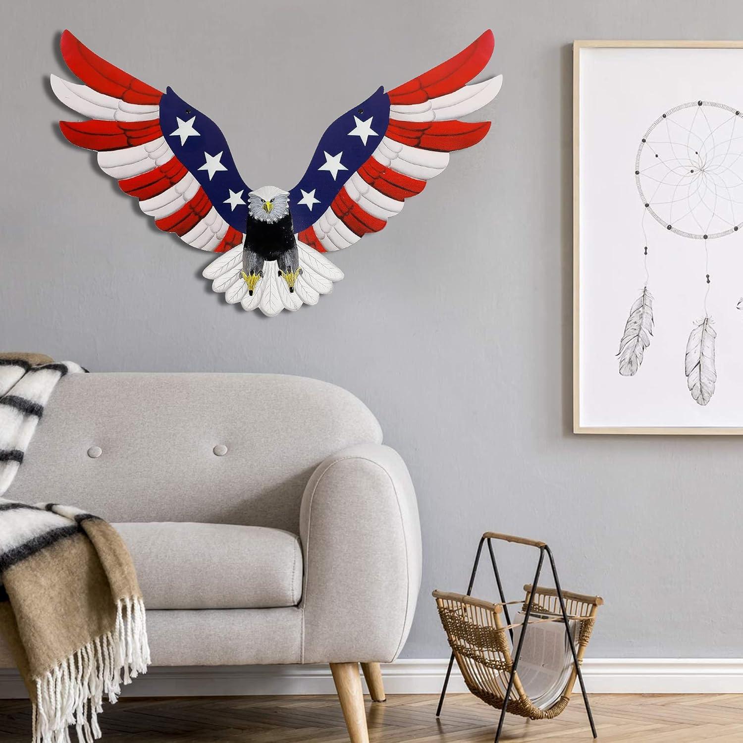 Metal American Flag Bald Eagle Wall Art Hanging Patriotic Sculpture Handmade Centerpiece Decoration for Indoor Bedroom